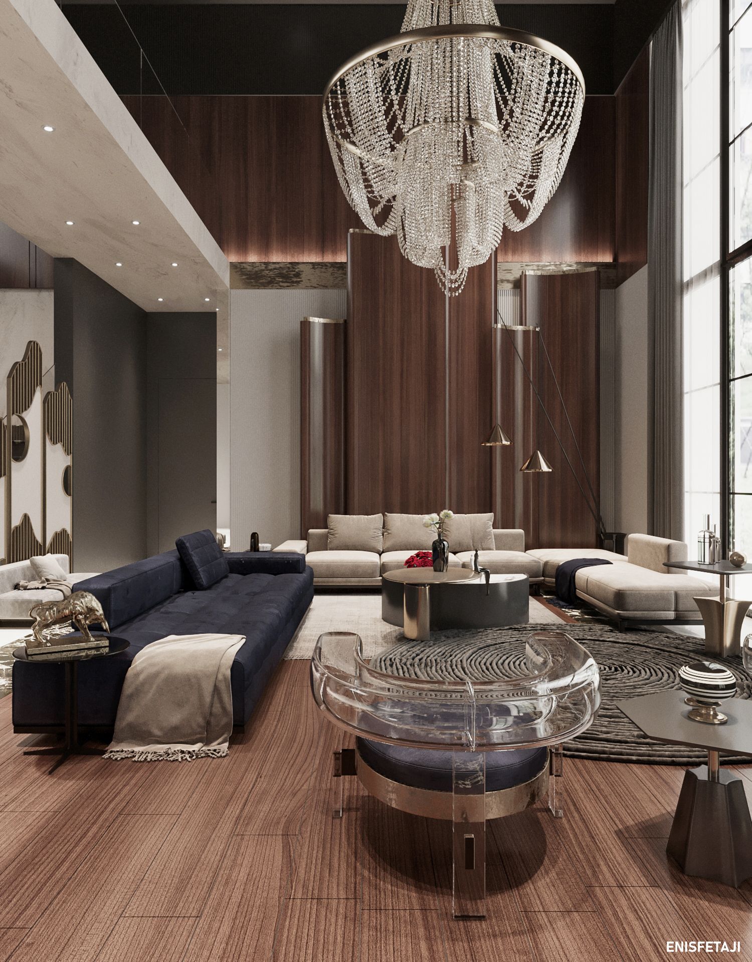 Living room with crystal chandelier and navy suede sofa, luxury residence in Belgrade