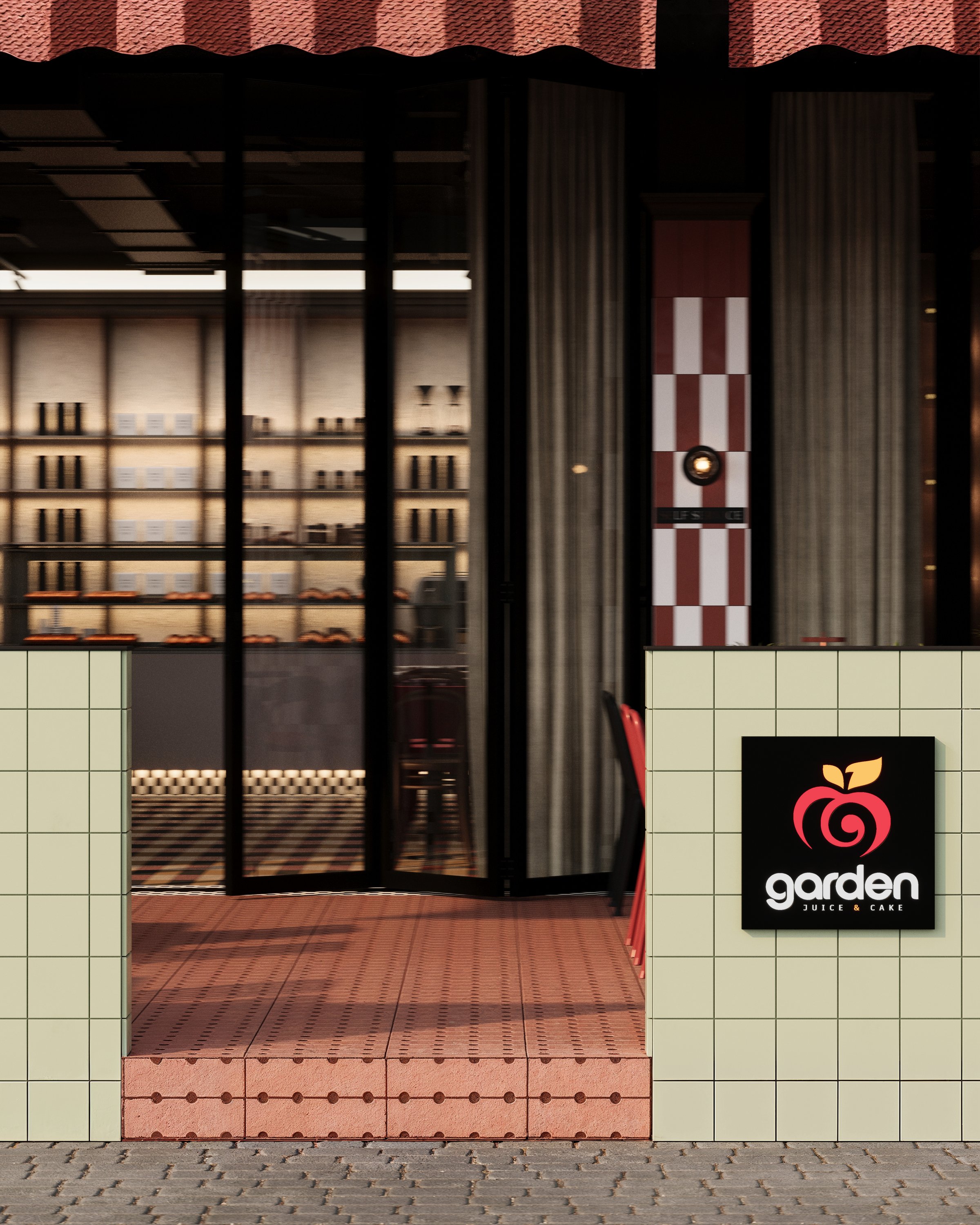 Entrance of Garden Sweetshop with checkered tiles and glass door, Gostivar