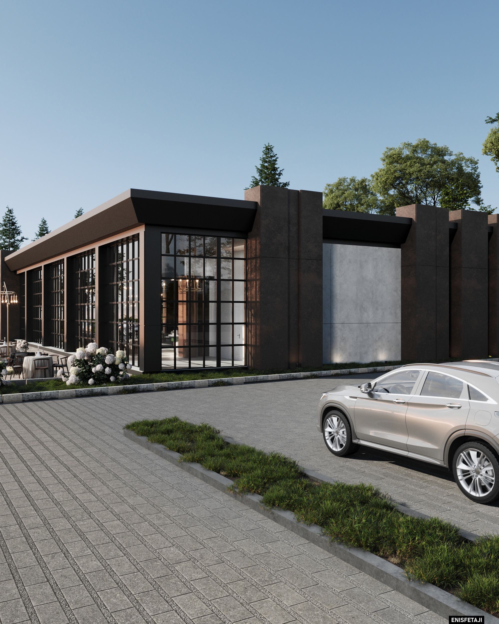 Restaurant with large black-framed windows and parking, Struga