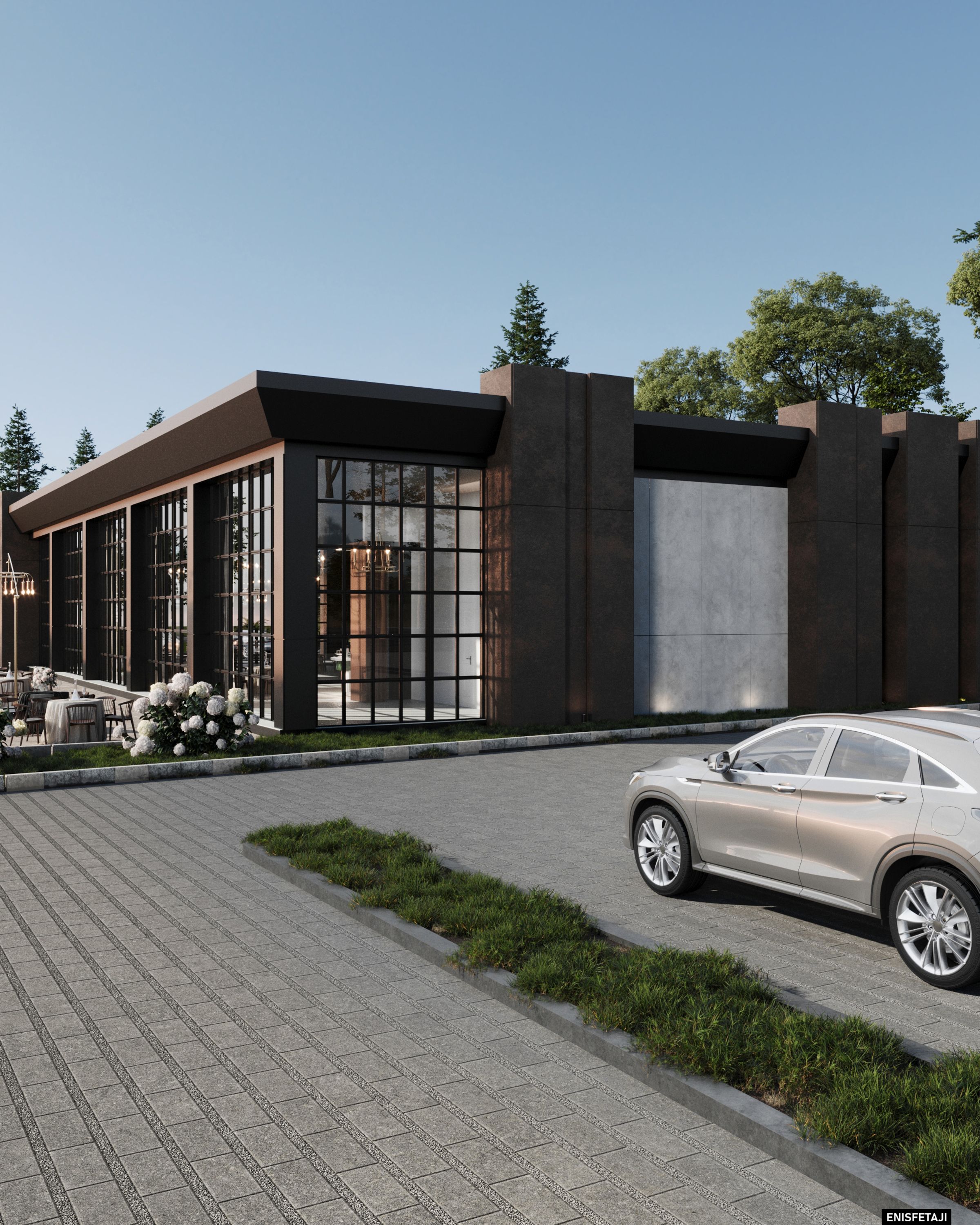 Restaurant with large black-framed windows and parking, Struga
