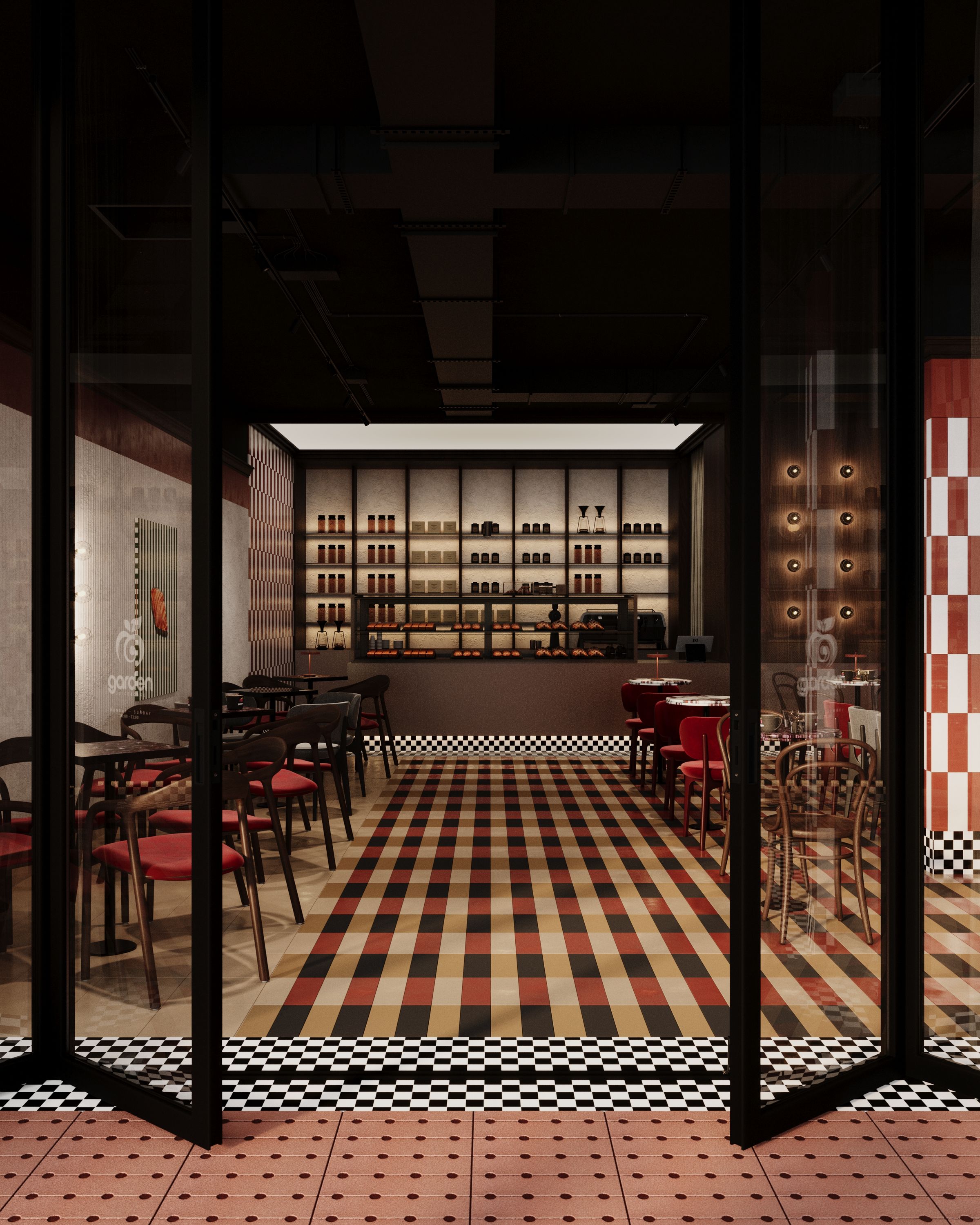 Checkered floor and backlit shelves seen through the entrance, Garden Sweetshop in Gostivar