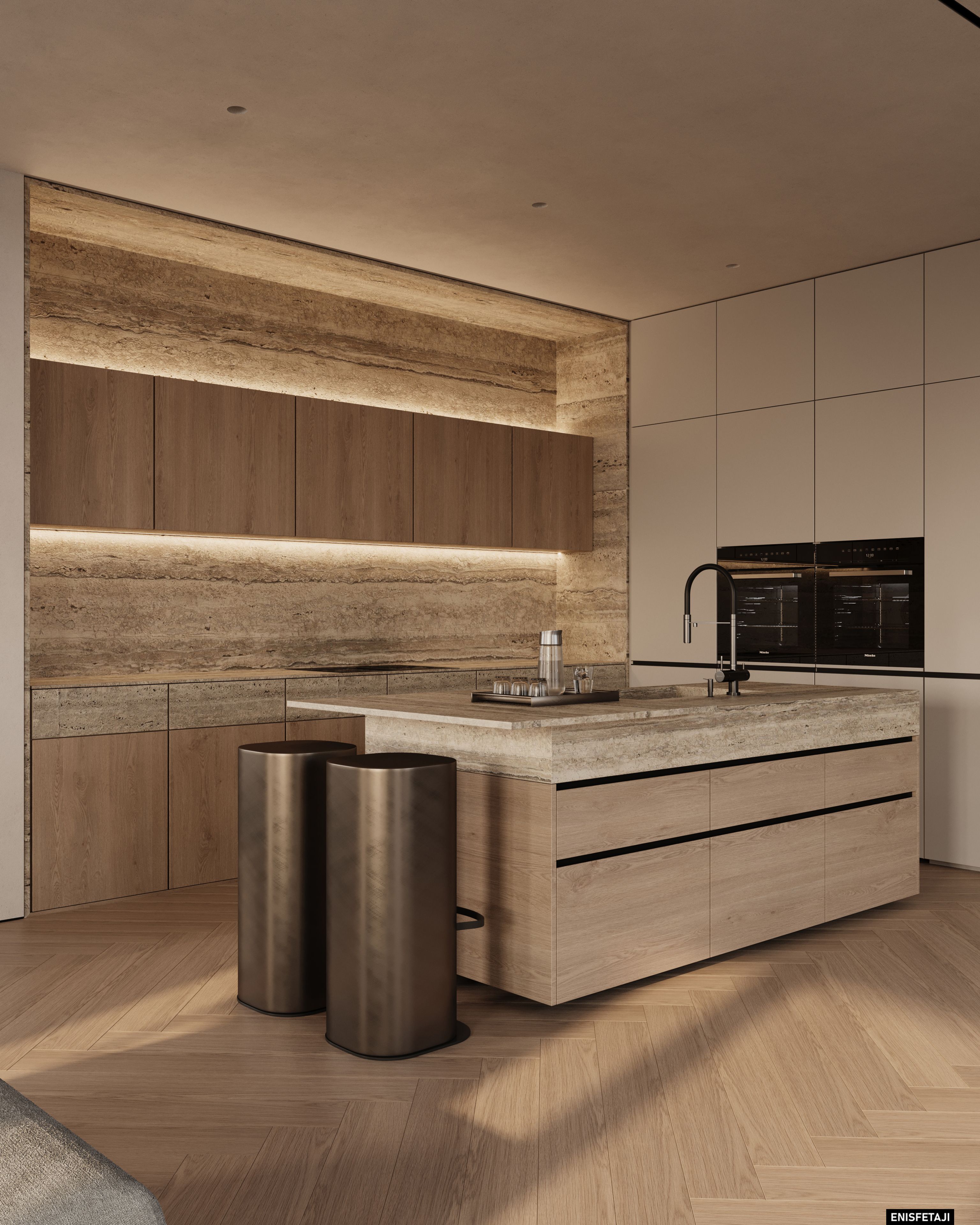 Kitchen with travertine island, wood cabinets and bronze stools, Cream House in Gostivar