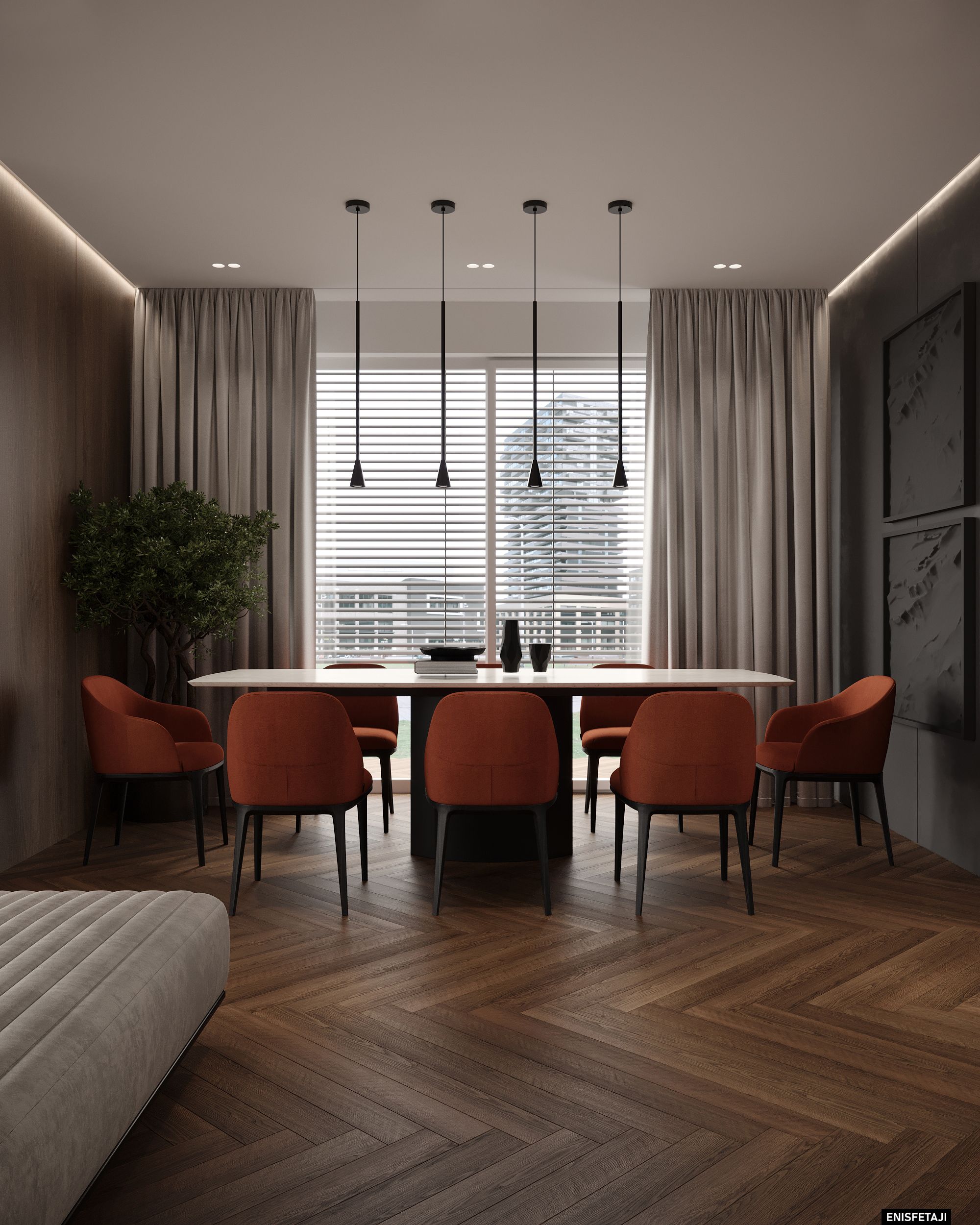 Dining table with orange chairs and black pendant lights, M24 house in Gostivar