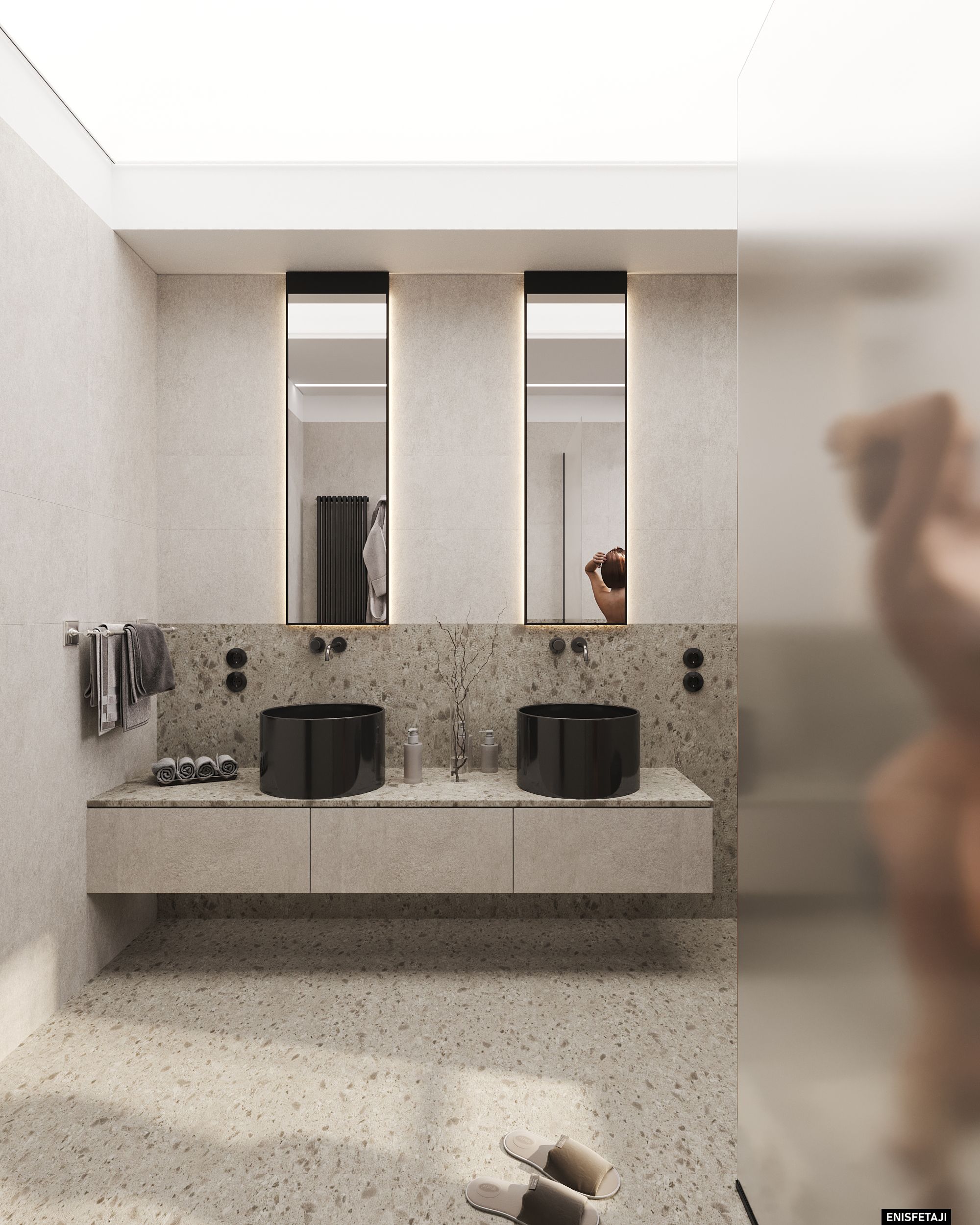 Bathroom with double black basins and terrazzo floor, apartment GV22 in Gostivar
