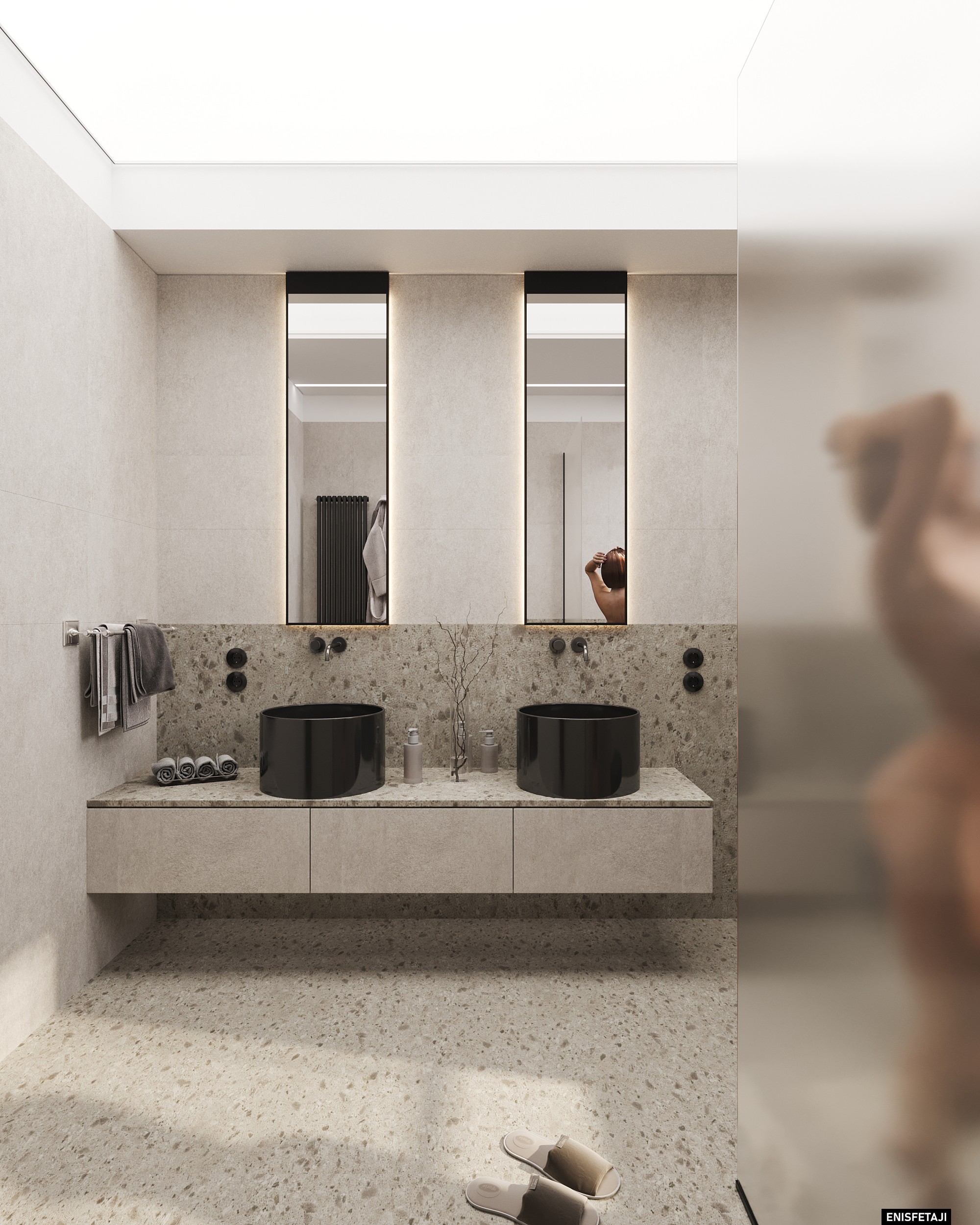 Bathroom with double black basins and terrazzo floor, apartment GV22 in Gostivar