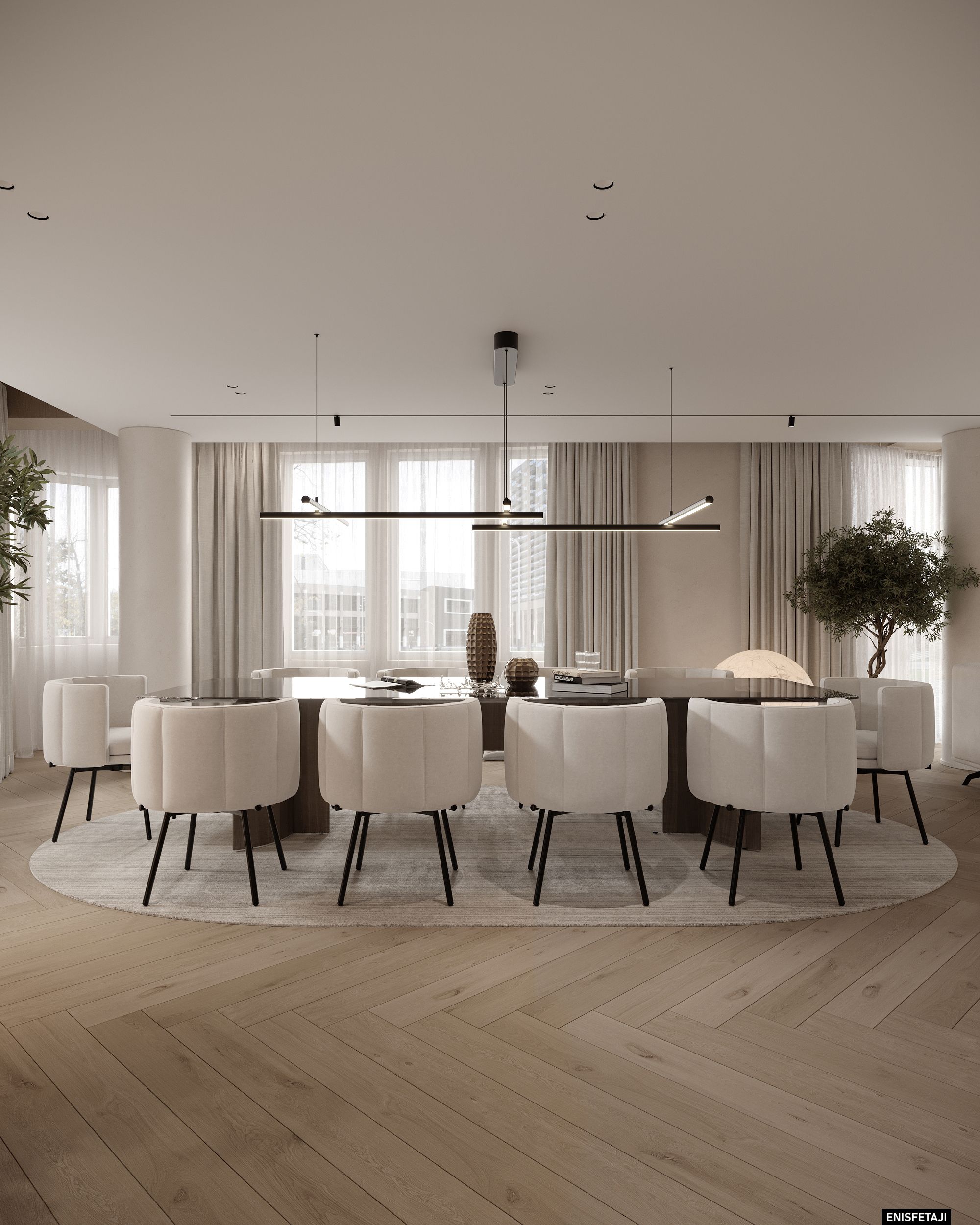 Dining table with round white chairs under linear pendant lights, apartment GV22 in Gostivar