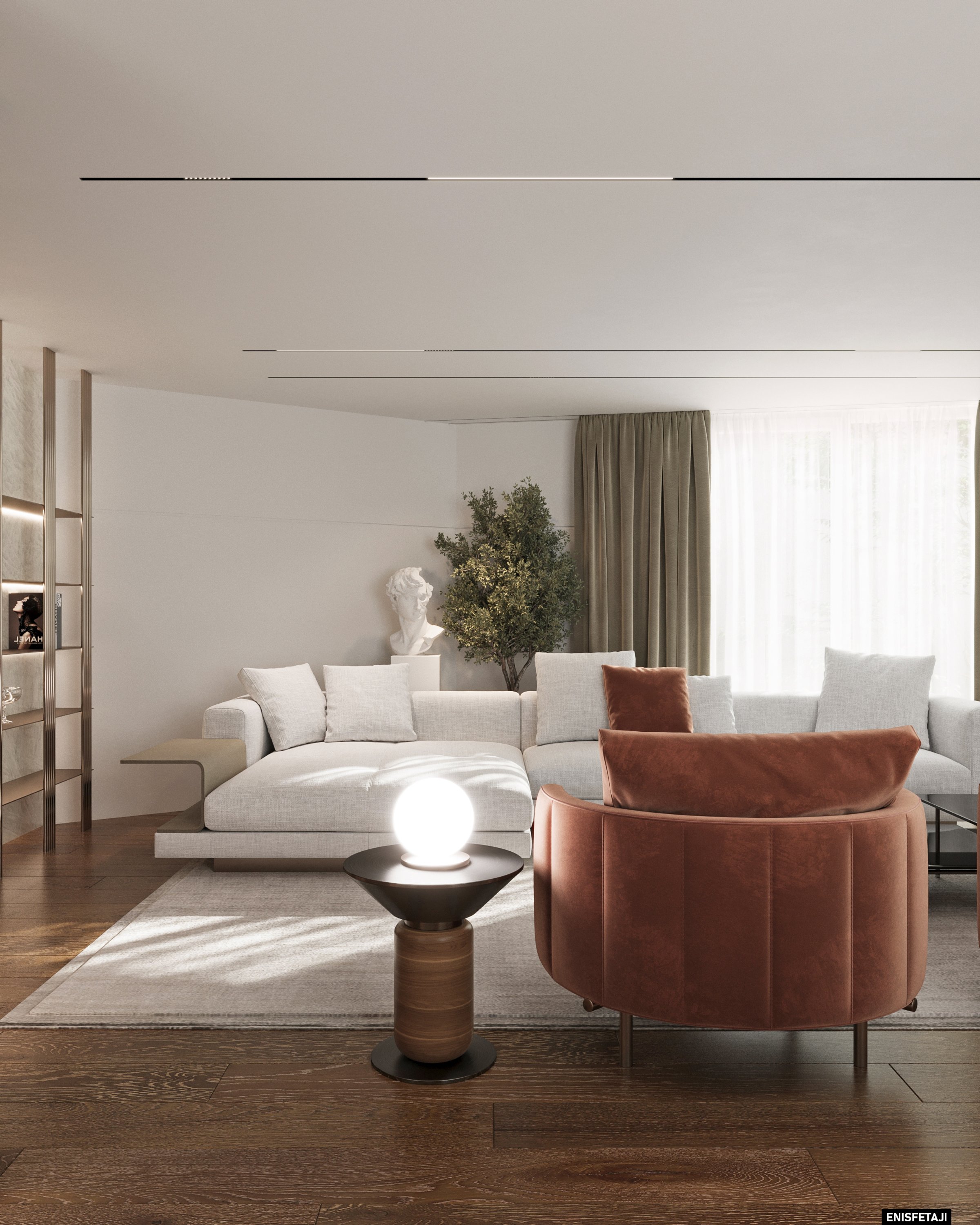 Bright living room with white sofa and terracotta velvet armchair, residence in Goldach, Switzerland