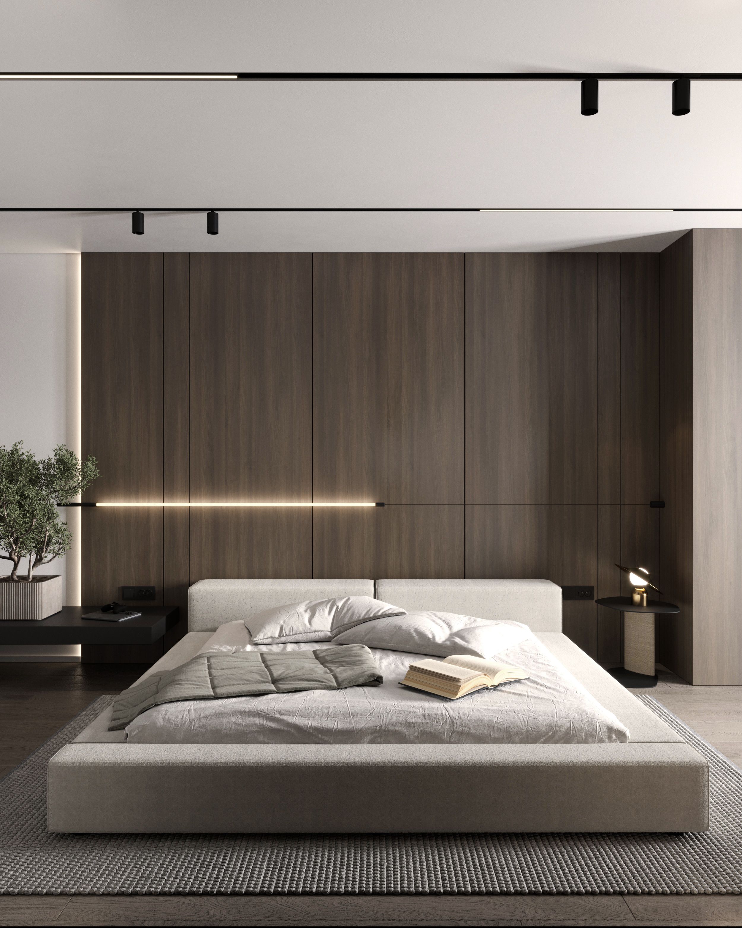 Bedroom with low bed, wood wall and linear light, apartment in Skopje