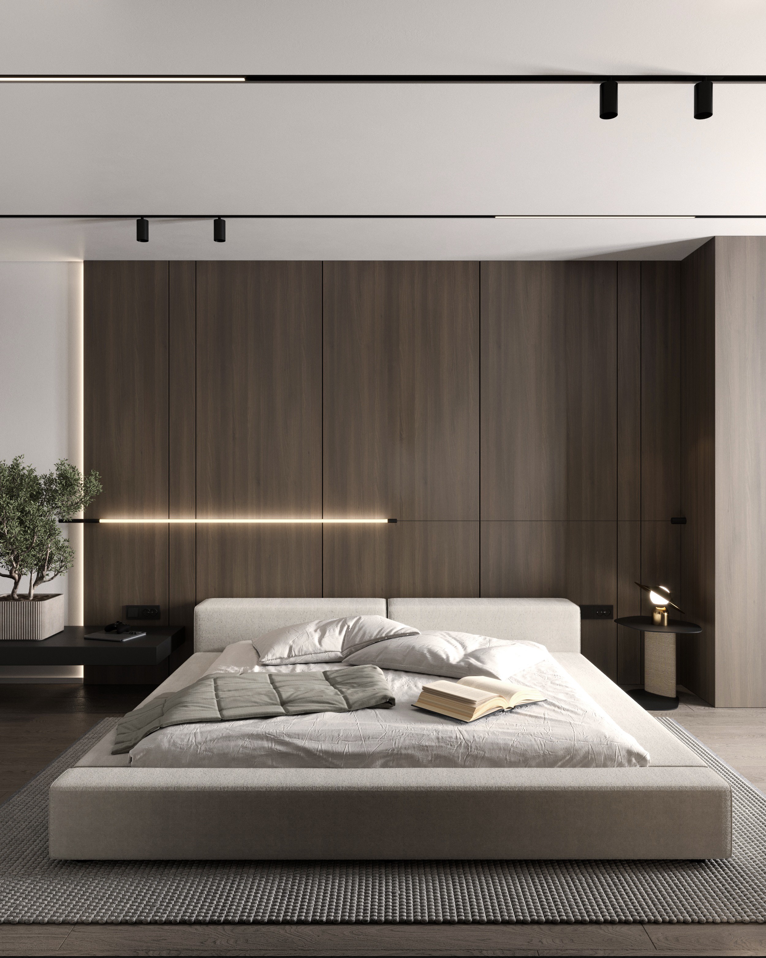 Bedroom with low bed, wood wall and linear light, apartment in Skopje