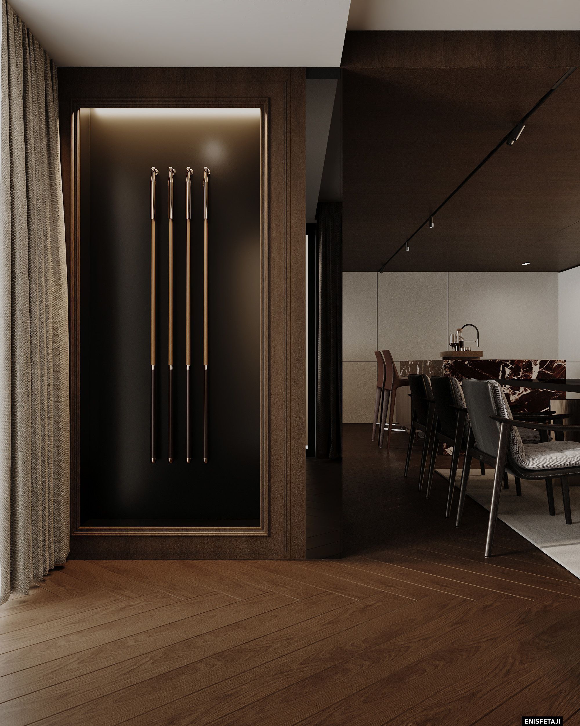 Backlit niche with pool cues on a dark wood wall, residence in Prilep