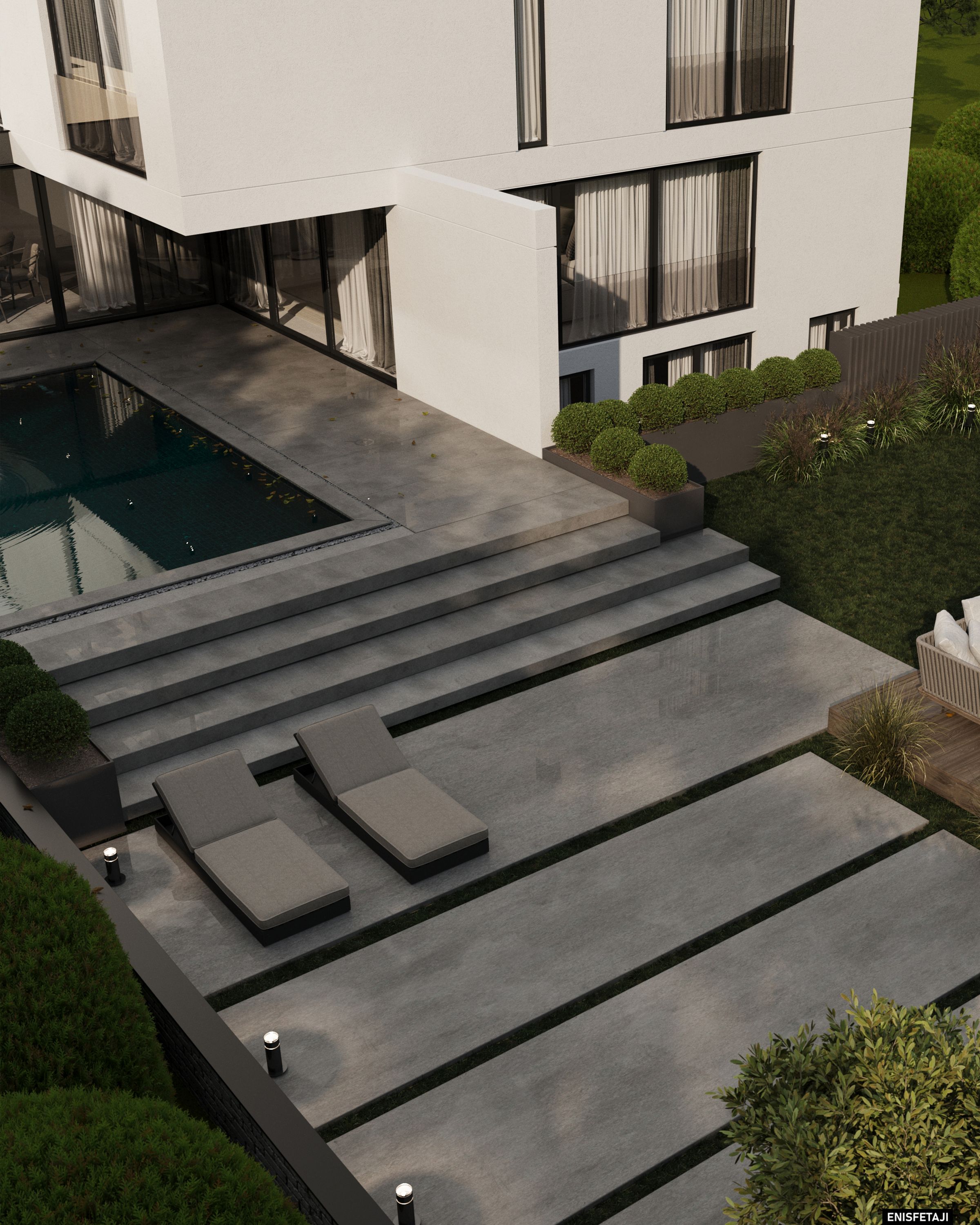 Pool and stepped stone terrace with loungers, house in Kreuzlingen, Switzerland