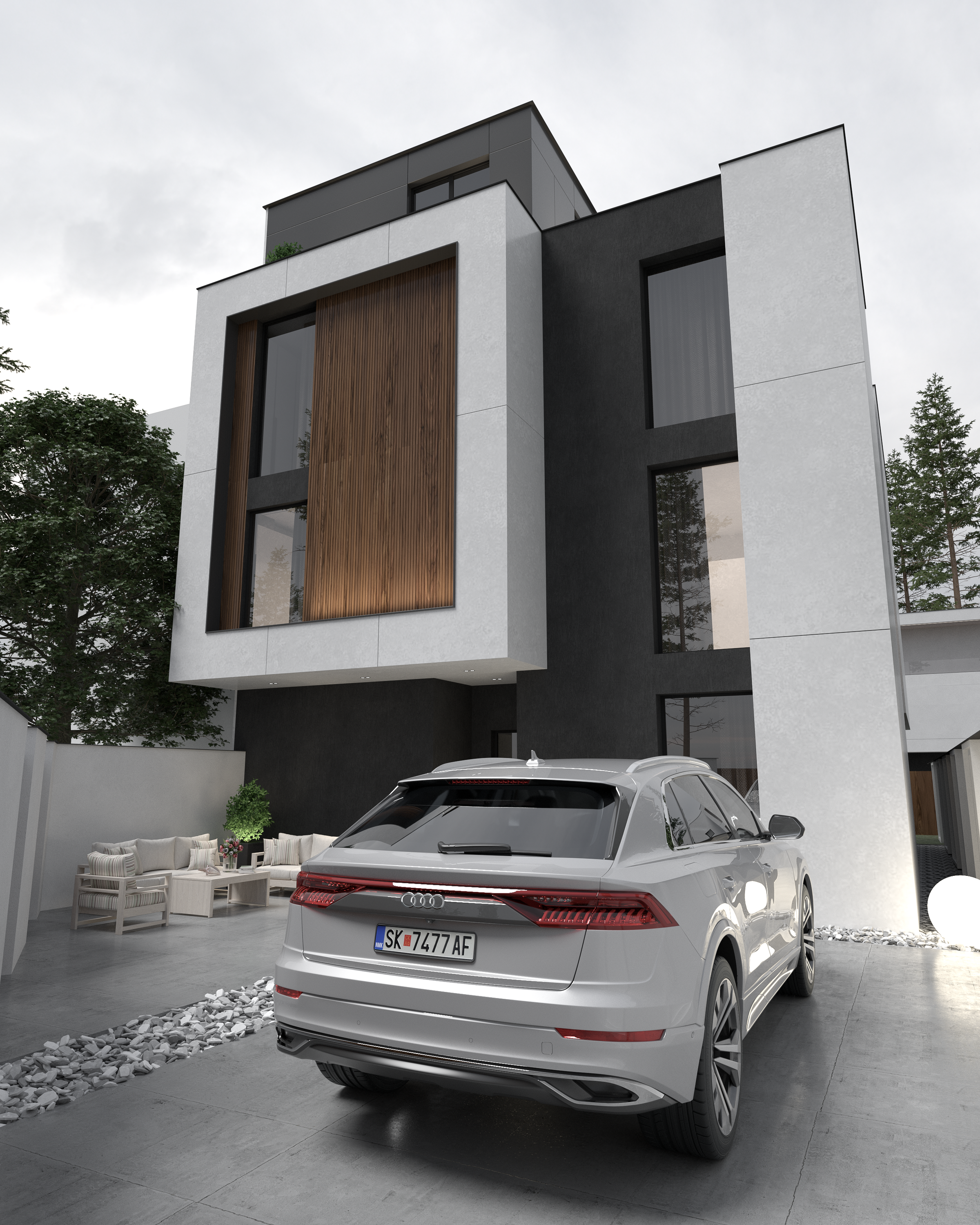 Driveway and rear facade of a modern three-story house, Gostivar