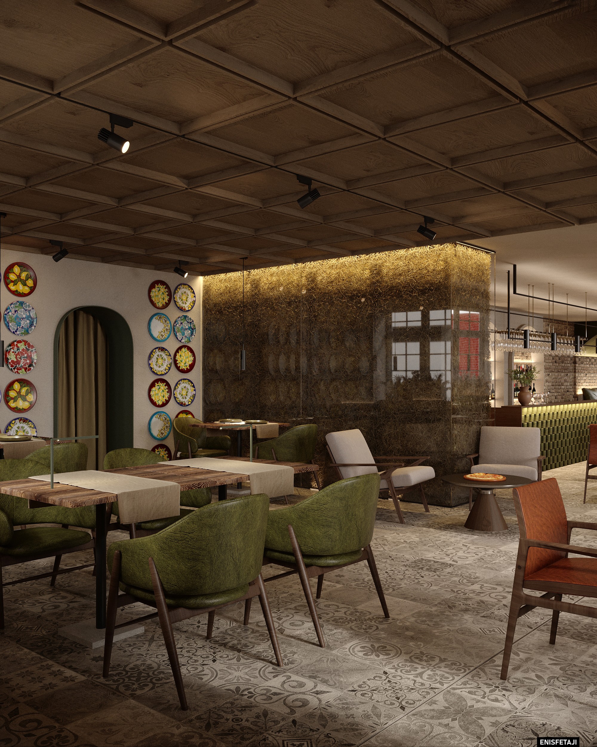 Dining area with a wall of decorative plates and green chairs, pizzeria in Dornbirn, Austria