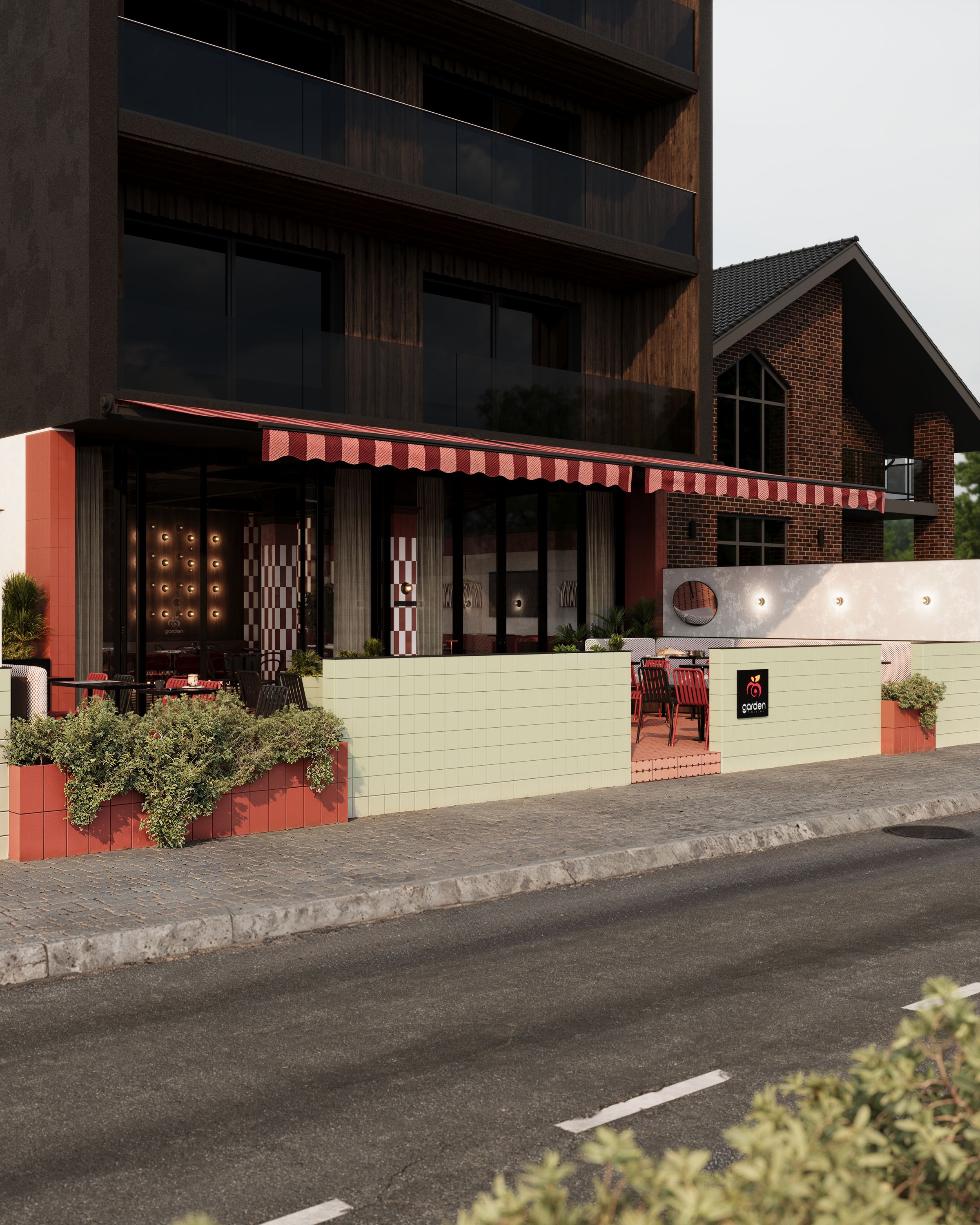 Street view of Garden Sweetshop with red striped awning, Gostivar