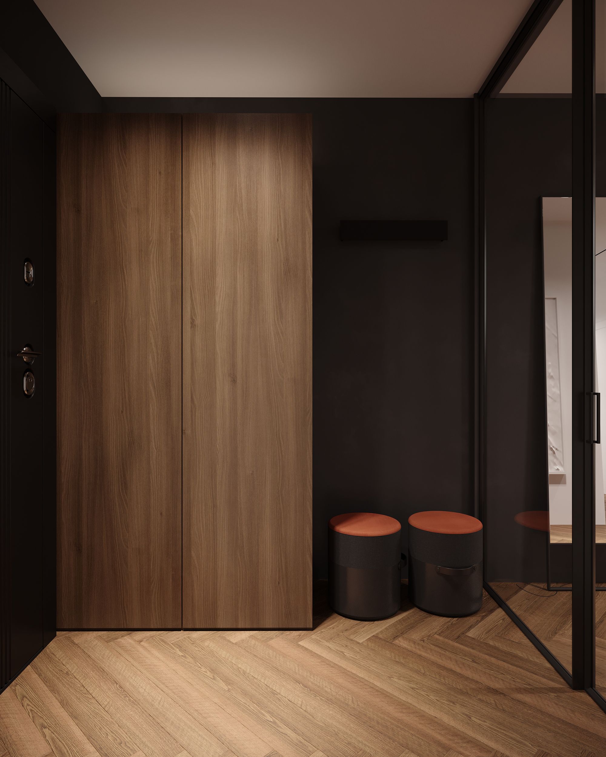 Entrance with wood wardrobe and orange stools, M24 house in Gostivar