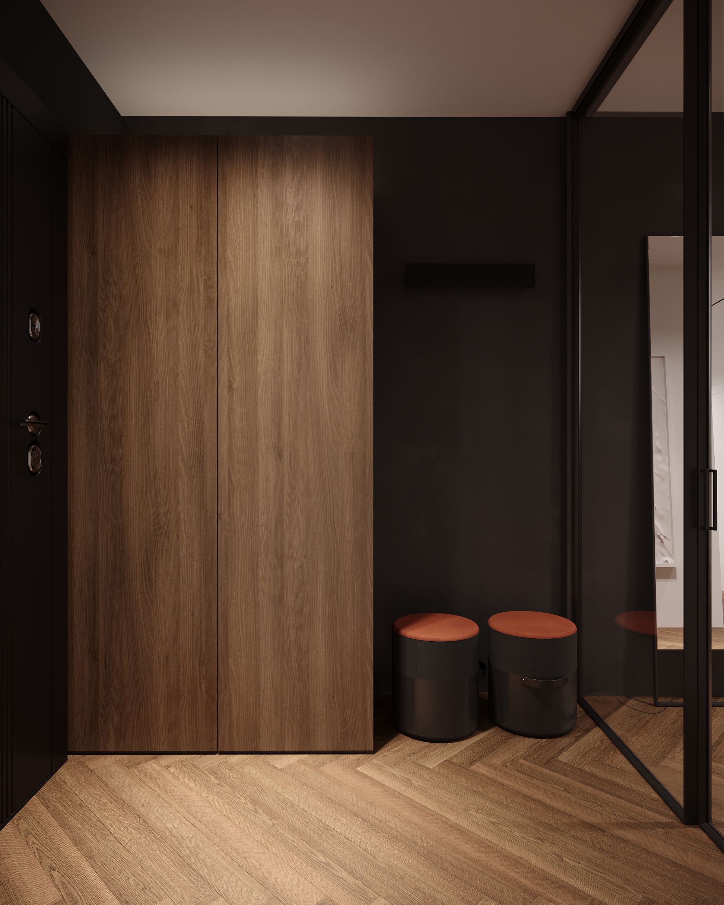 Entrance with wood wardrobe and orange stools, M24 house in Gostivar