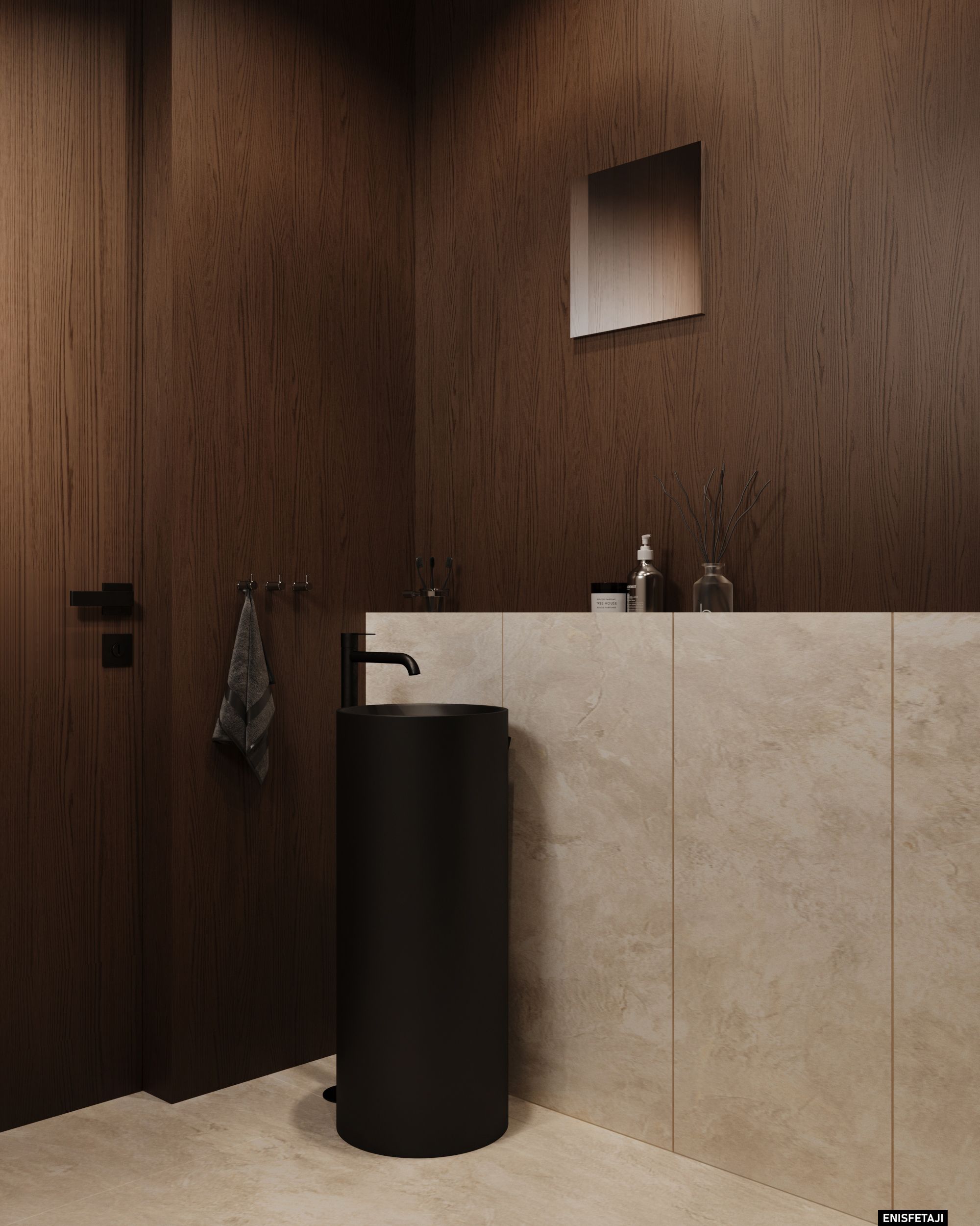 Black freestanding basin against beige stone and wood, Shega19 house in Tetovo