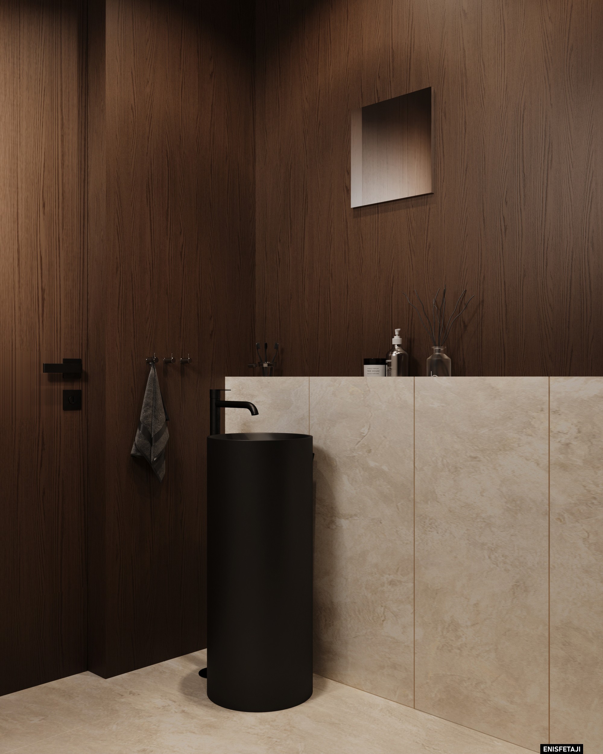 Black freestanding basin against beige stone and wood, Shega19 house in Tetovo