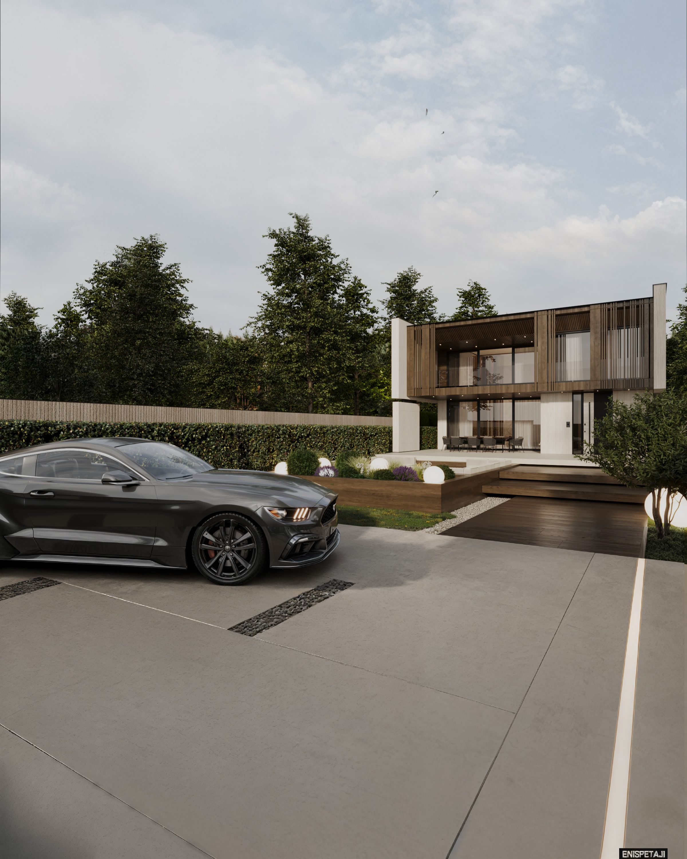 Front of a travertine and wood villa with driveway, Gostivar