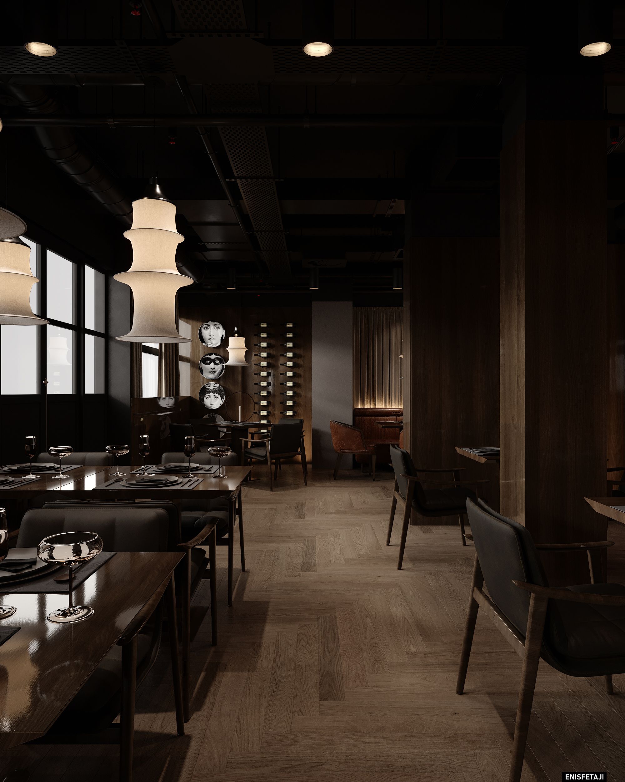 Dining room with dark wood columns and paper lanterns, restaurant in Zurich