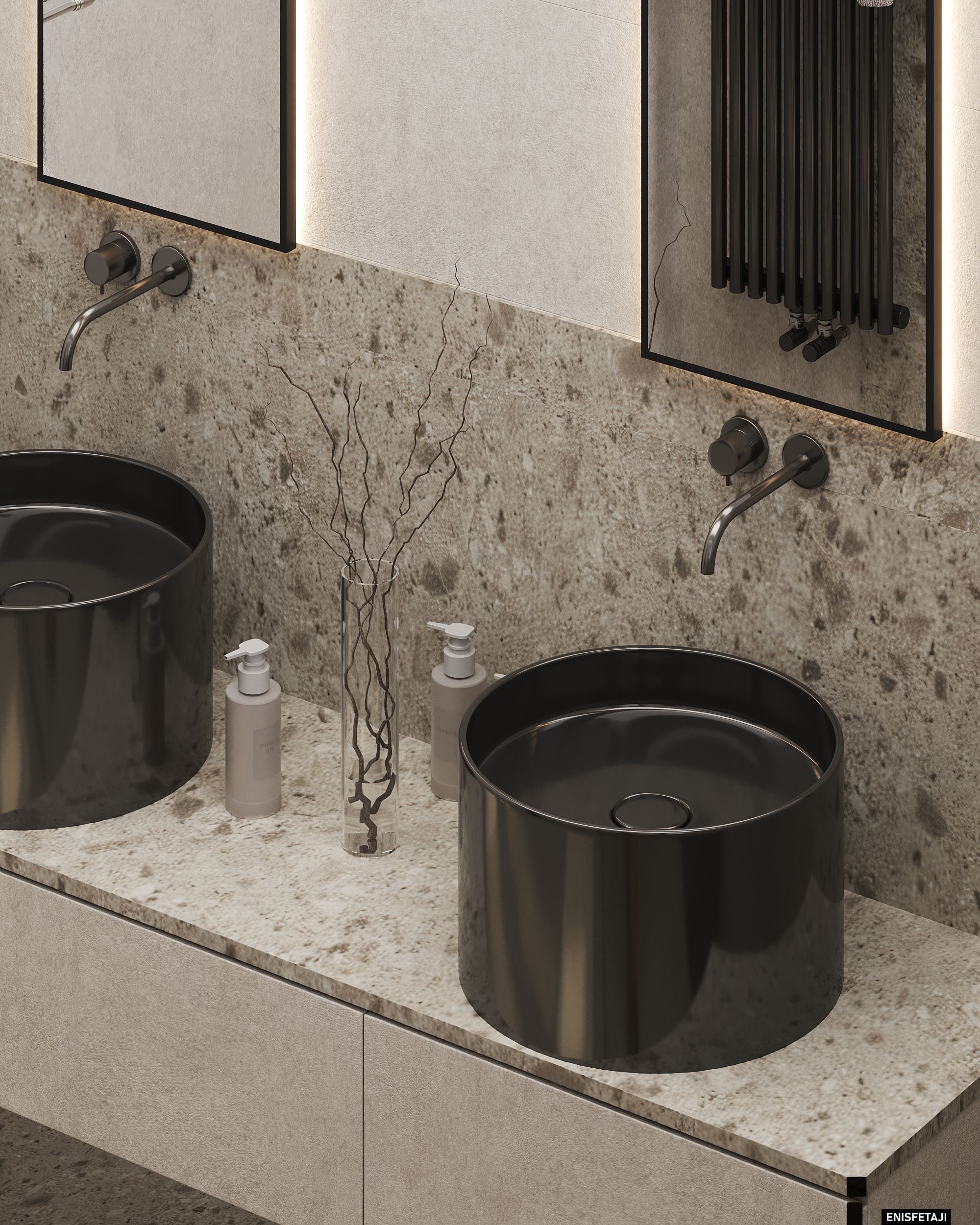 Two black basins on a terrazzo vanity, apartment GV22 in Gostivar