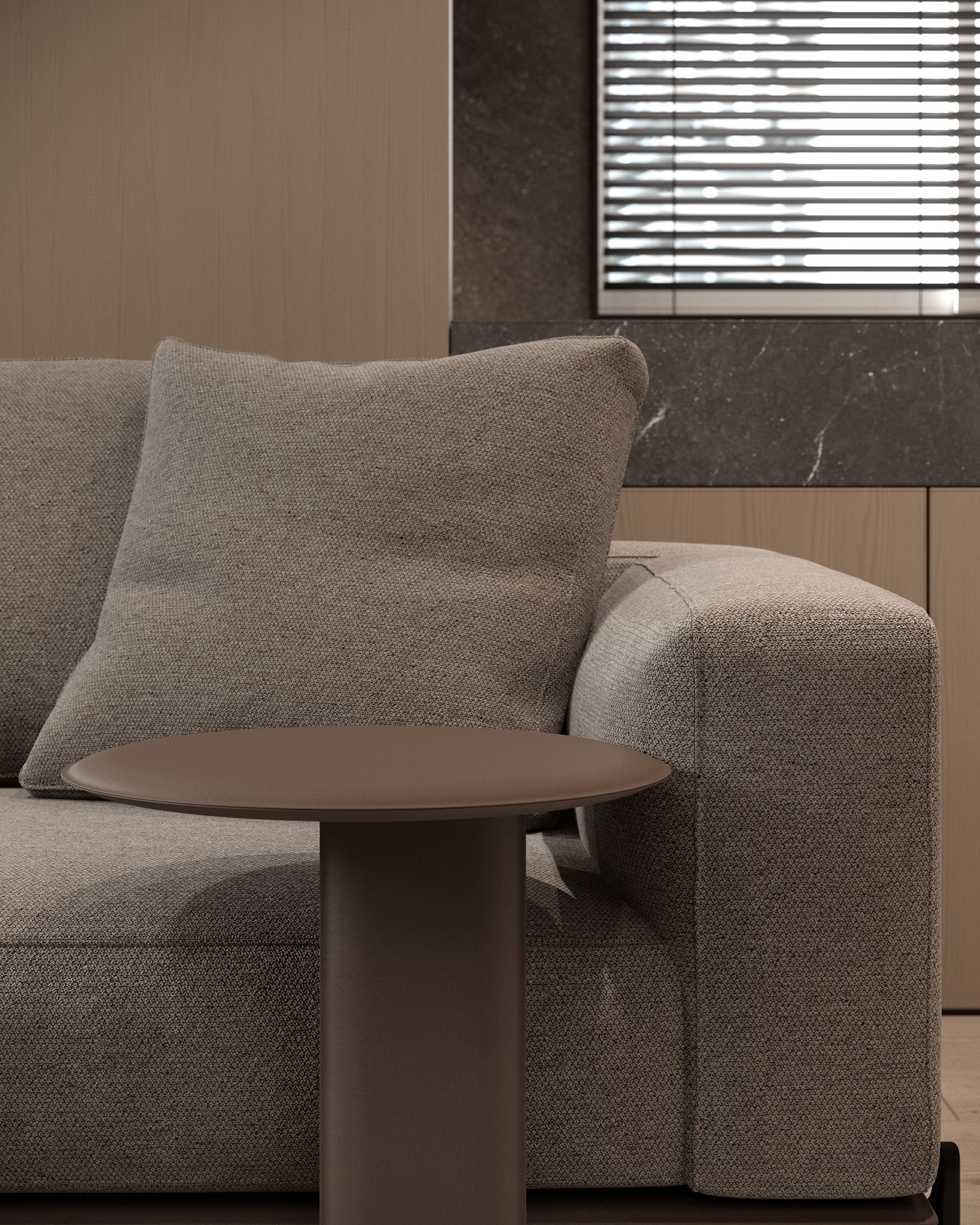 Beige sofa with side table and dark marble wall, apartment GV75 in Gostivar