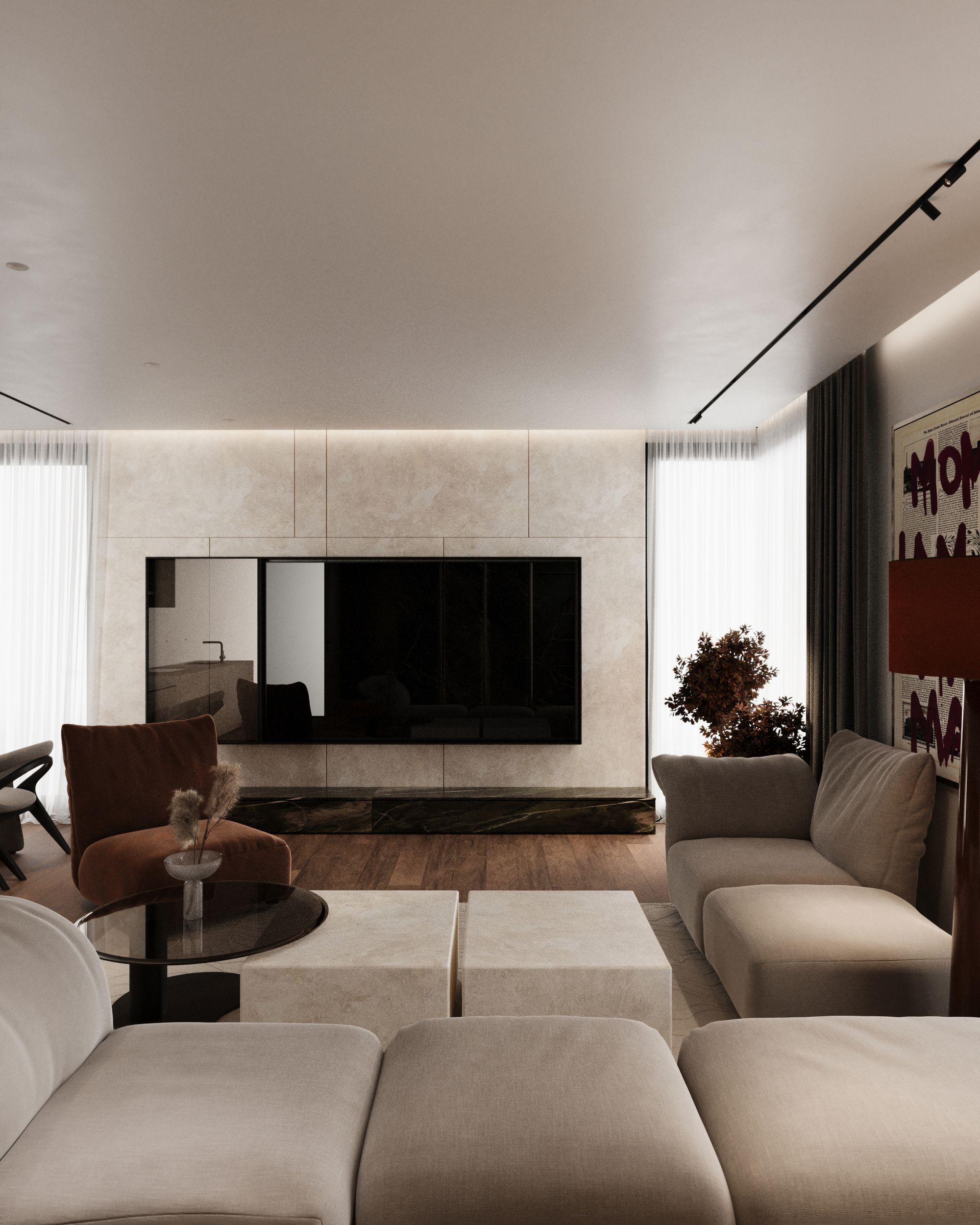 Living room with TV wall and beige sofa, Shega19 house in Tetovo