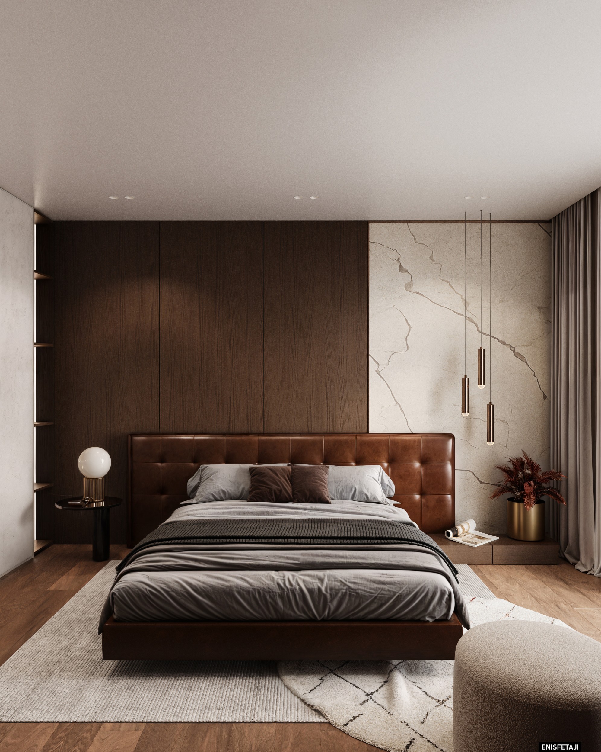 Bedroom with tan leather headboard and marble wall, Shega19 house in Tetovo
