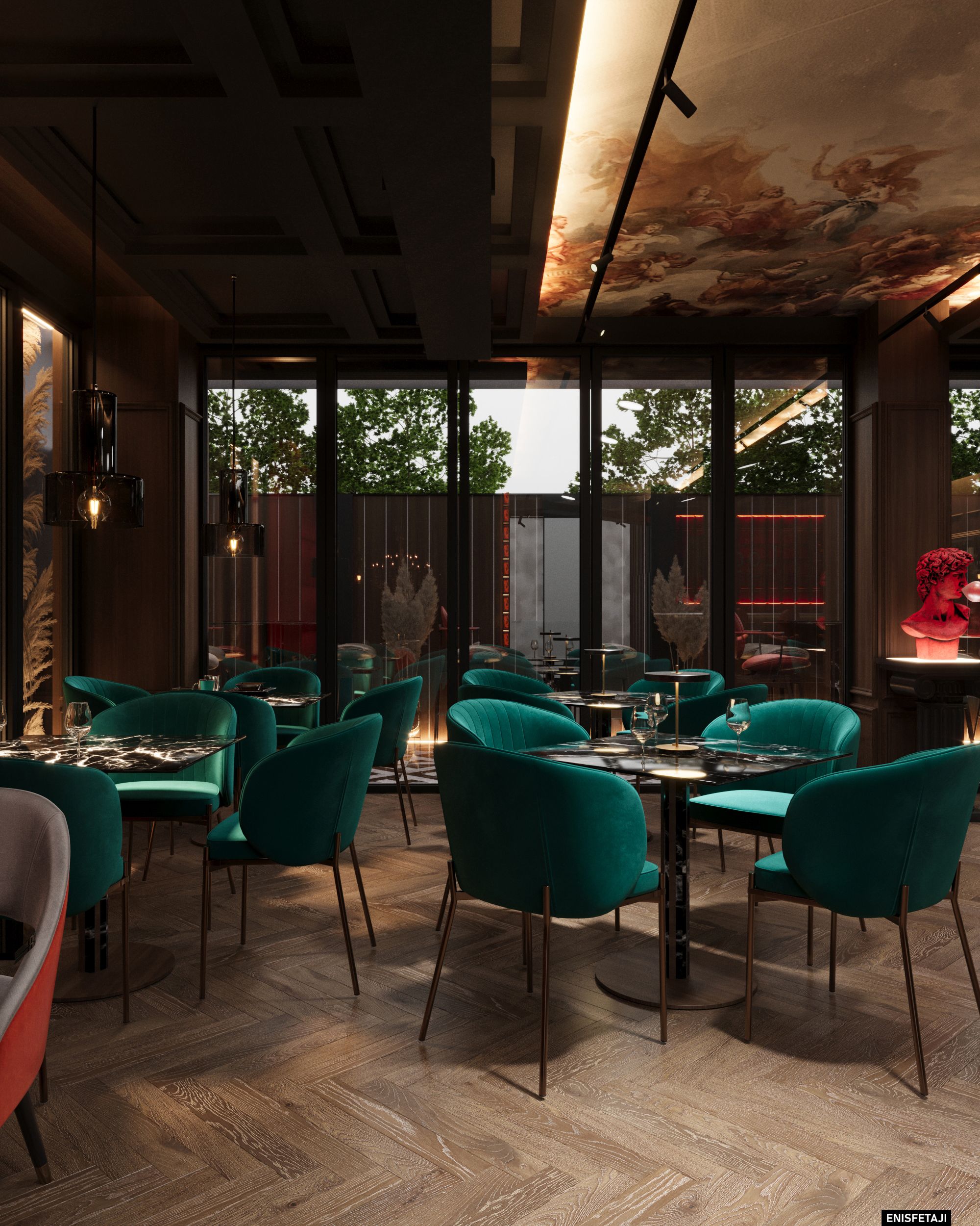 Lounge with teal chairs and large windows to the terrace, Turquoise Lounge in Gostivar