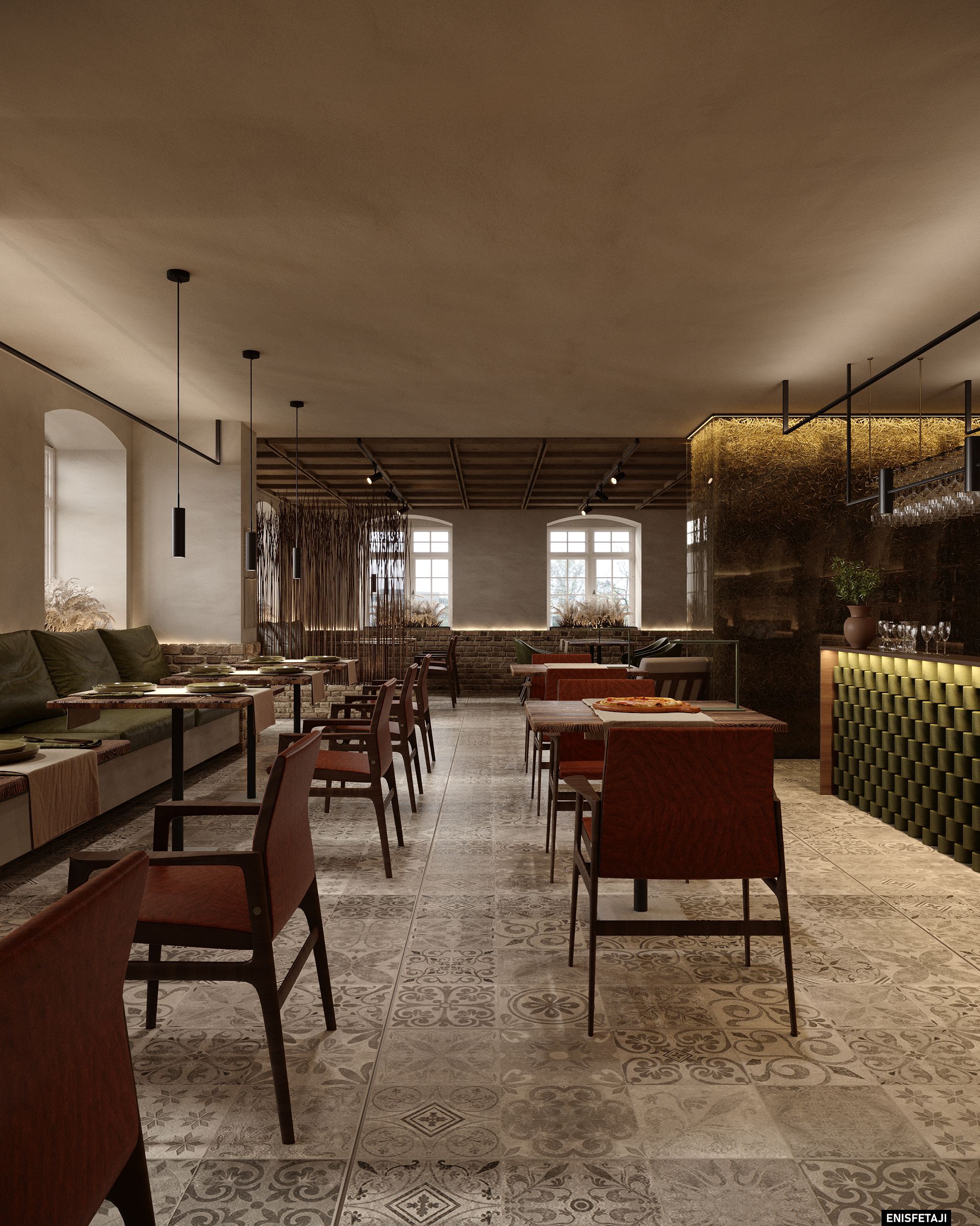Long pizzeria dining room with patterned floor tiles, Dornbirn, Austria