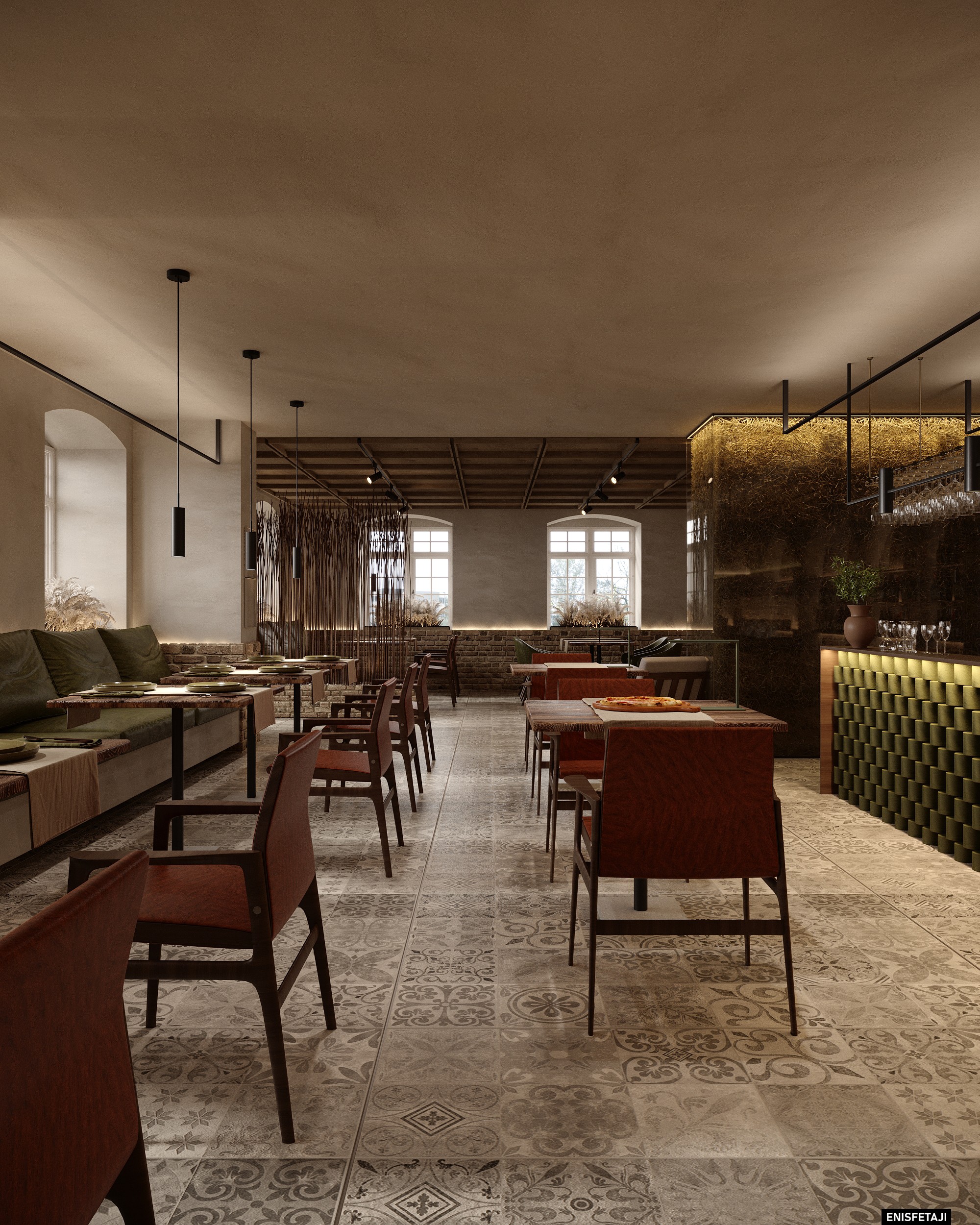 Long pizzeria dining room with patterned floor tiles, Dornbirn, Austria