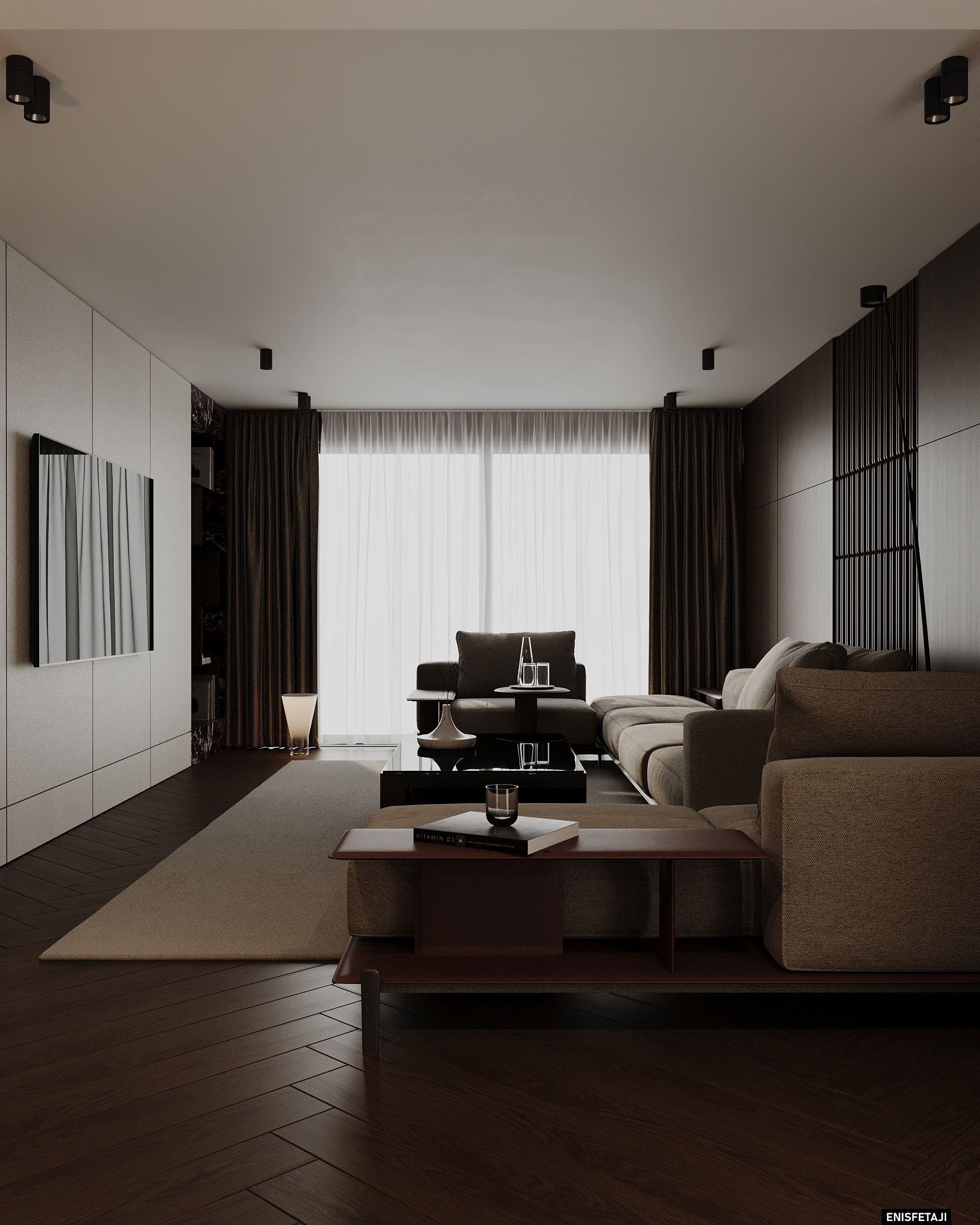 Living room with beige sectional sofa and dark wood floor, residence in Prilep