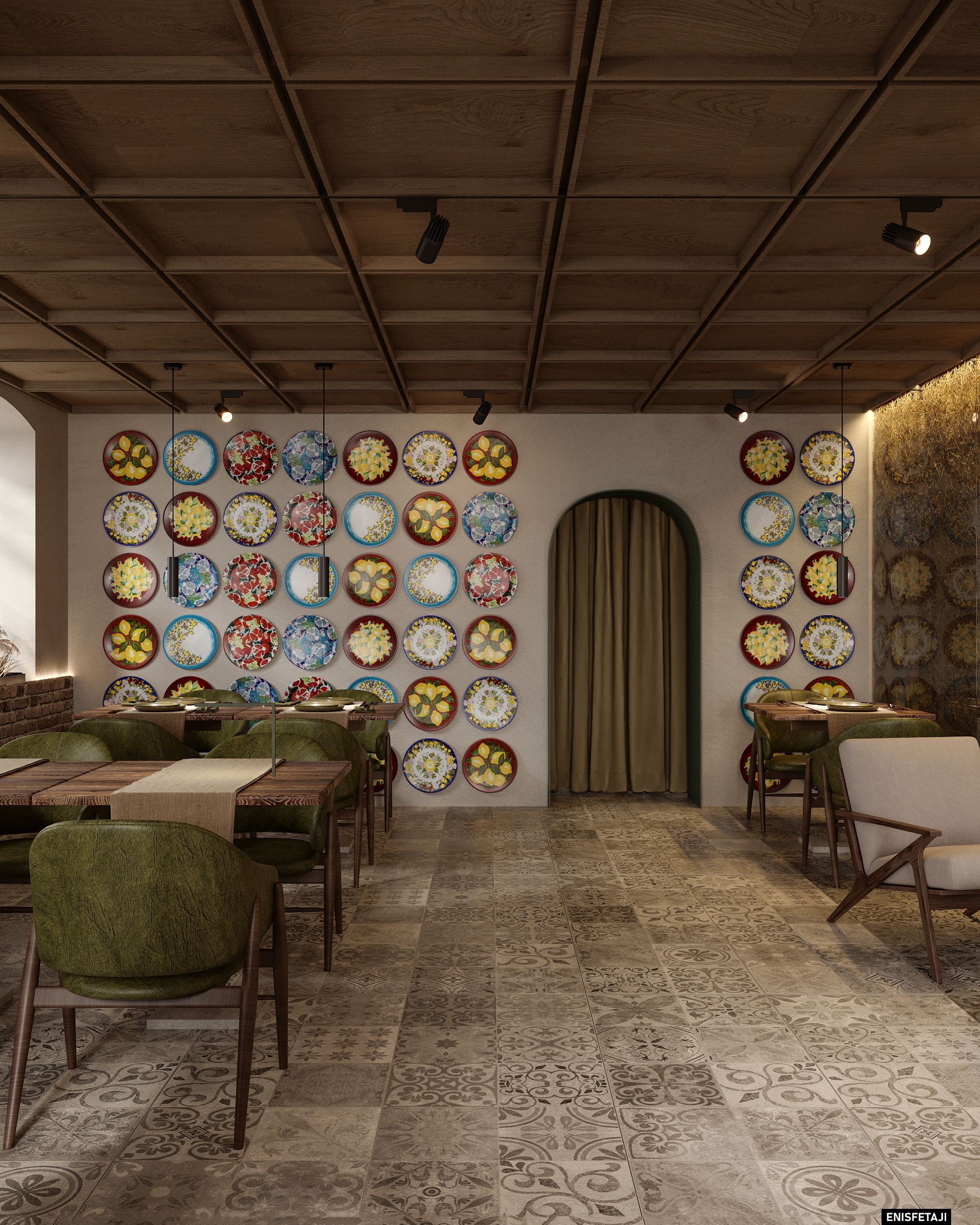 Wall of colourful plates and arched doorway, pizzeria in Dornbirn, Austria