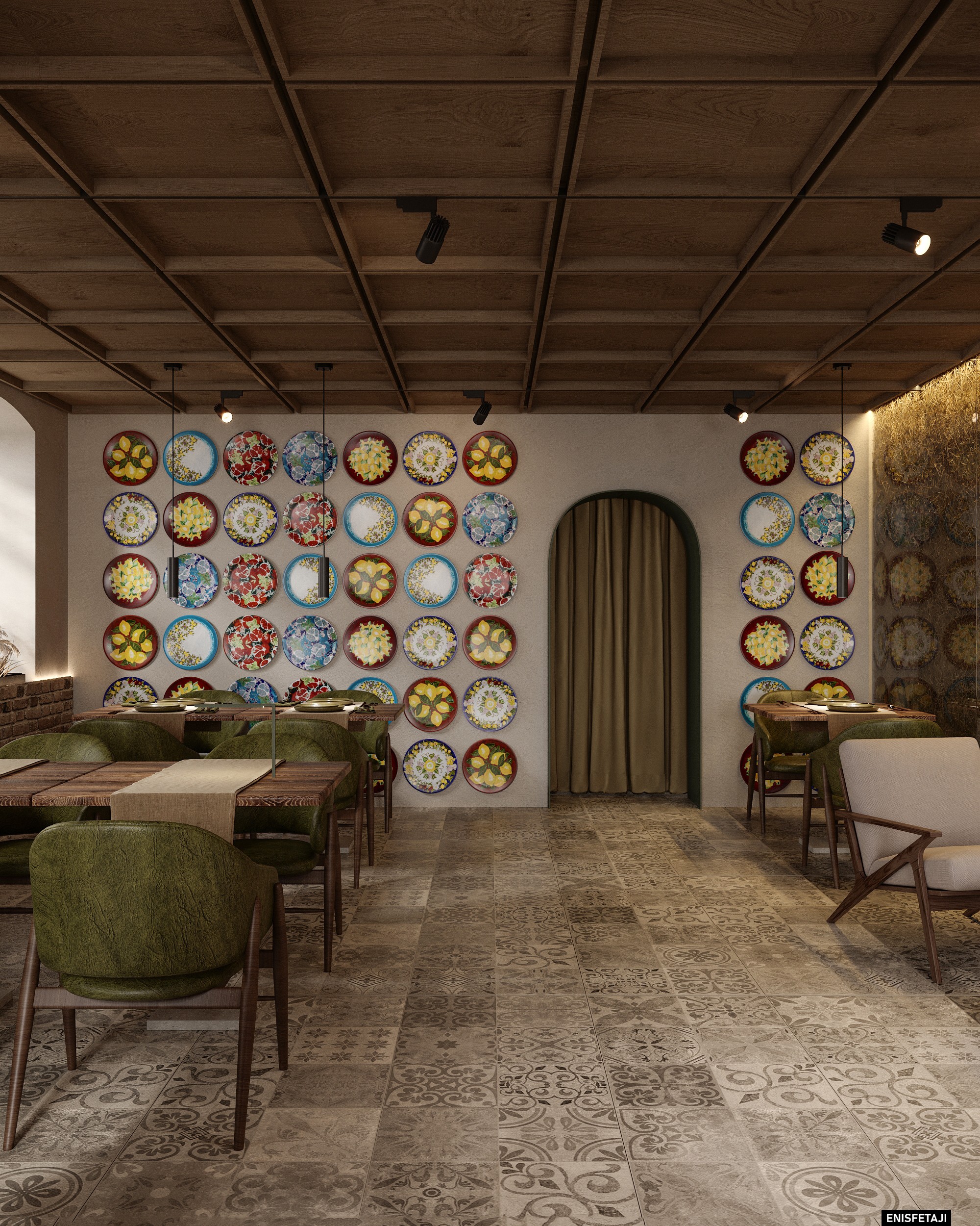 Wall of colourful plates and arched doorway, pizzeria in Dornbirn, Austria