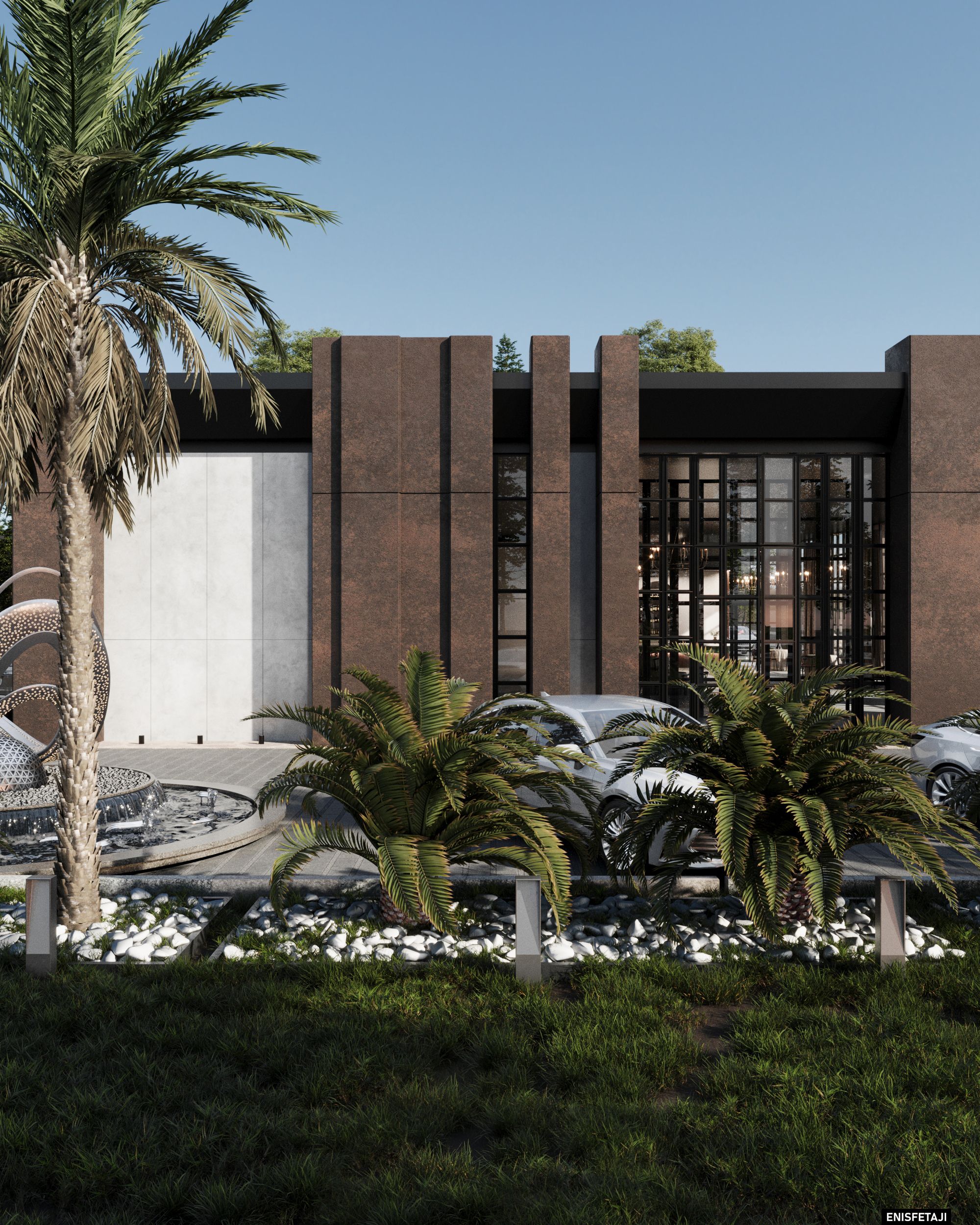 Rusted steel columns and glass facade of a restaurant in Struga