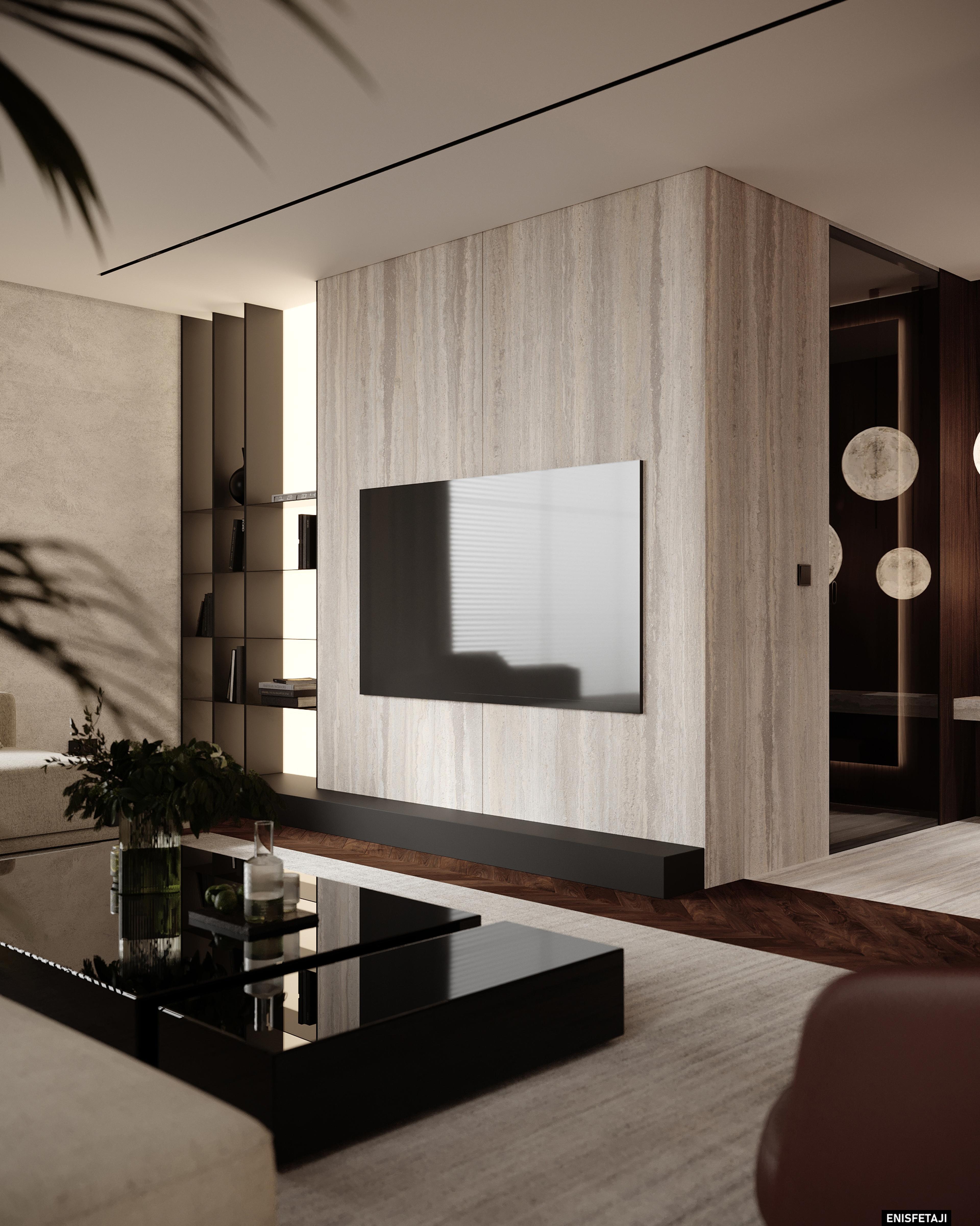 Living room with travertine TV wall and black coffee table, Shega20 house in Tetovo