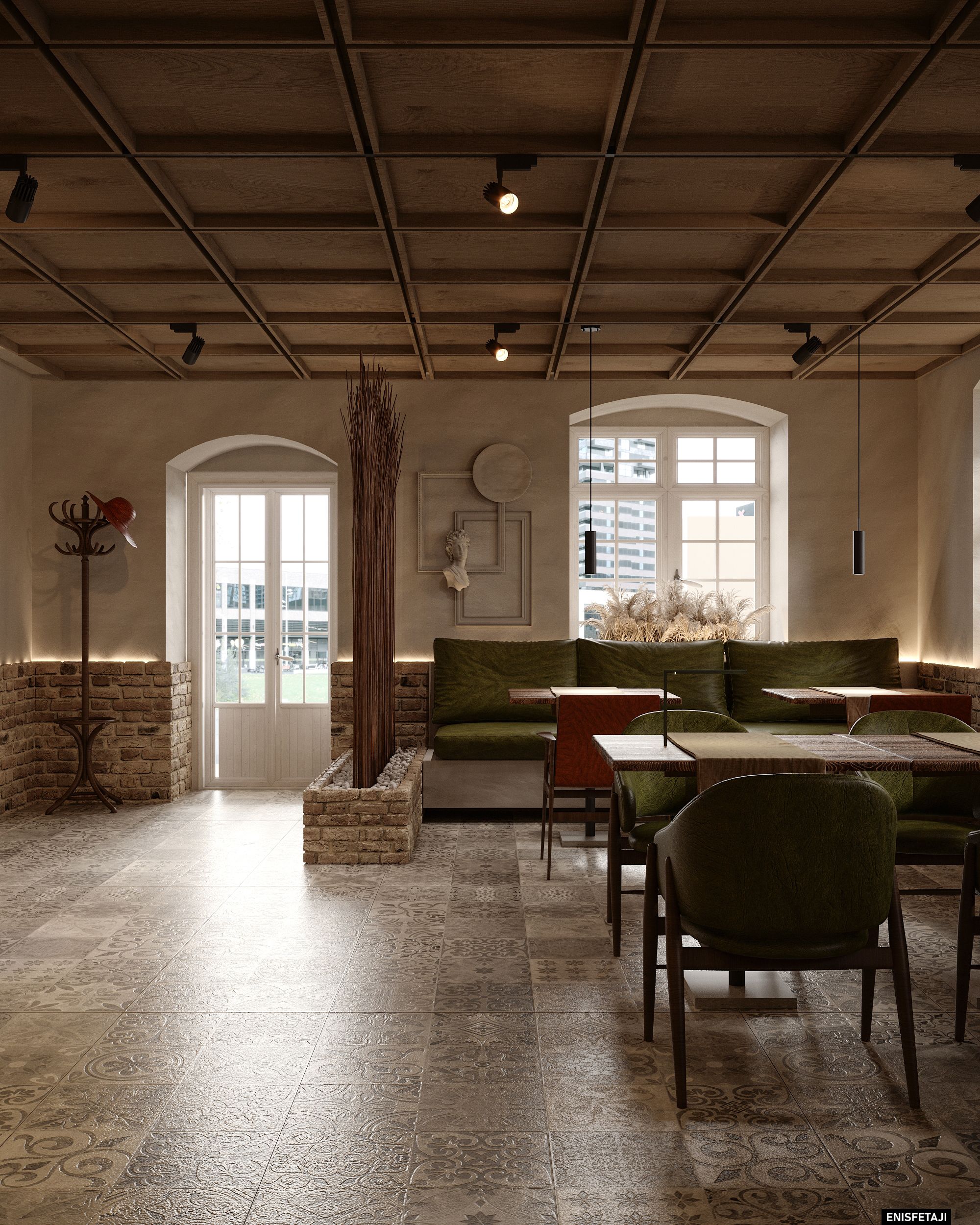 Dining room with wood coffered ceiling and green bench seating, pizzeria in Dornbirn, Austria