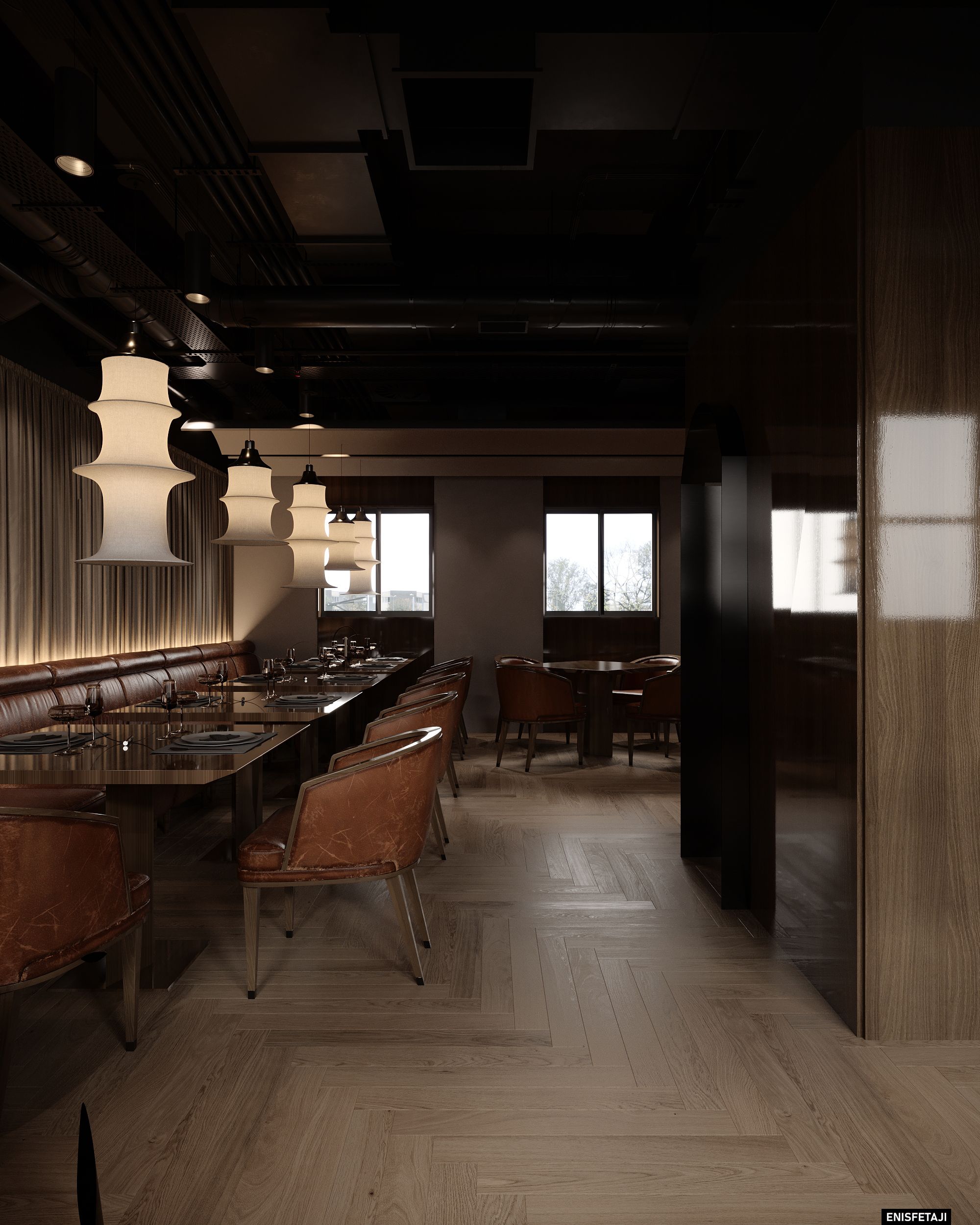 Banquette seating with lanterns along the windows, restaurant in Zurich