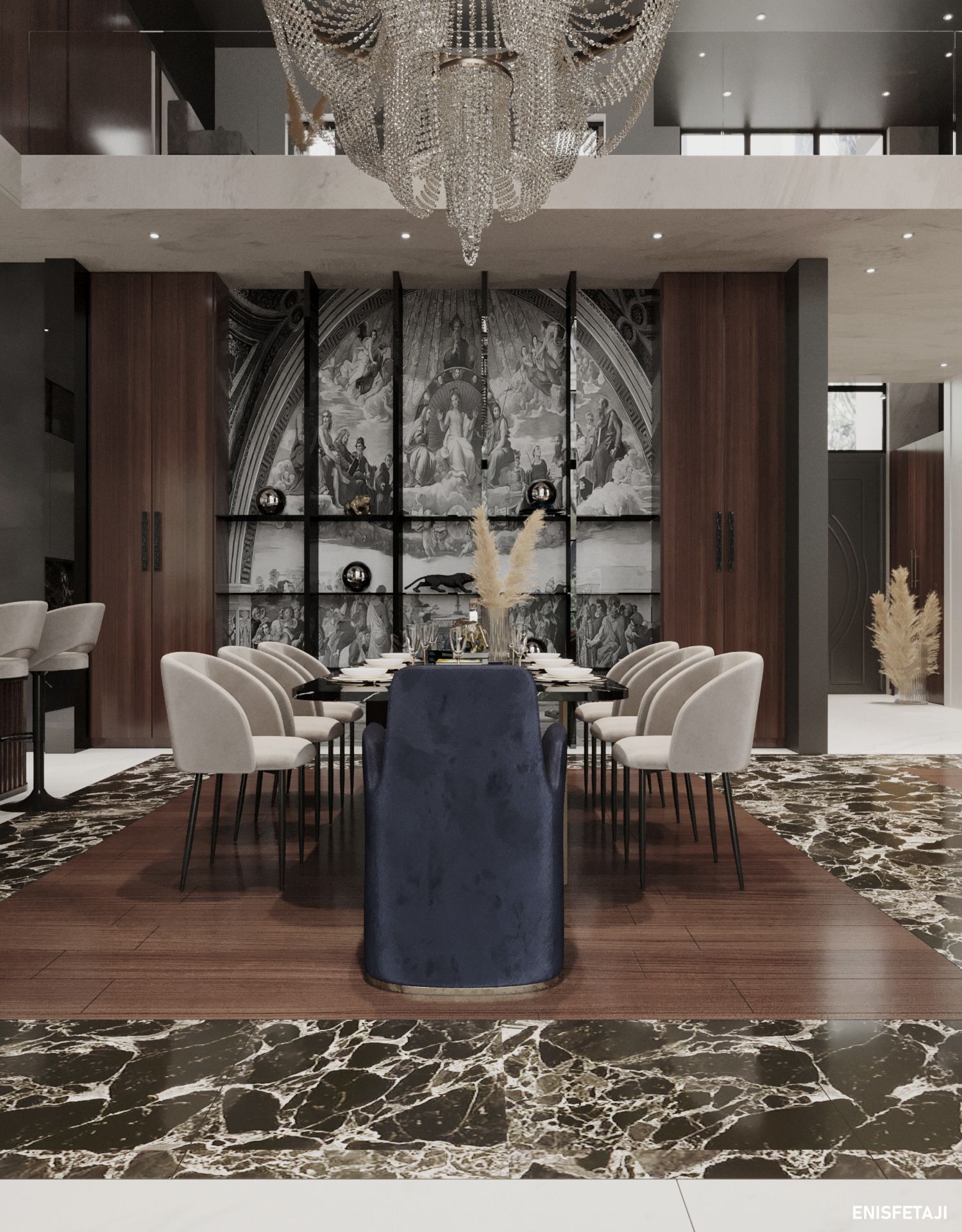Dining room with marble floor and a large mural wall, luxury residence in Belgrade