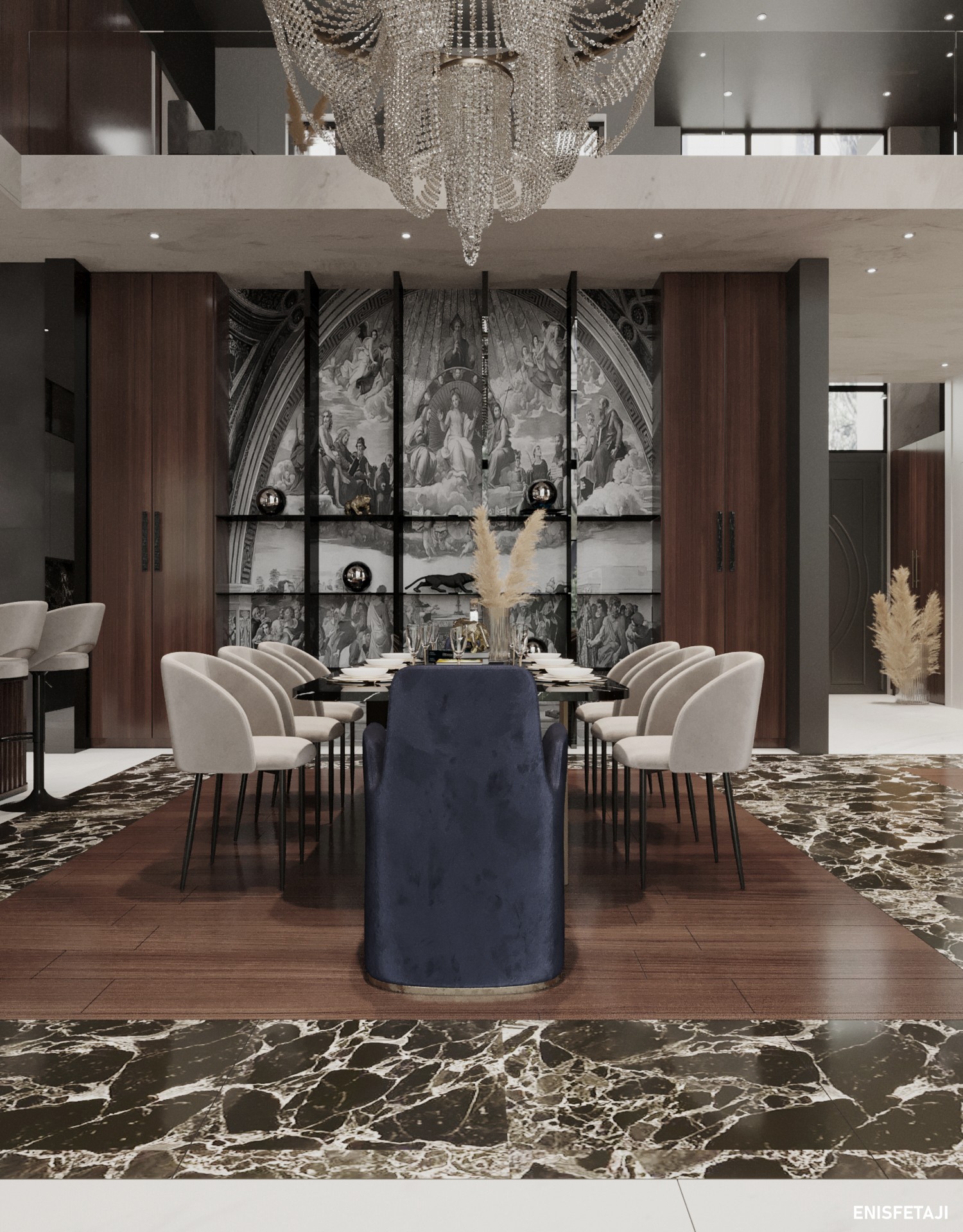 Dining room with marble floor and a large mural wall, luxury residence in Belgrade