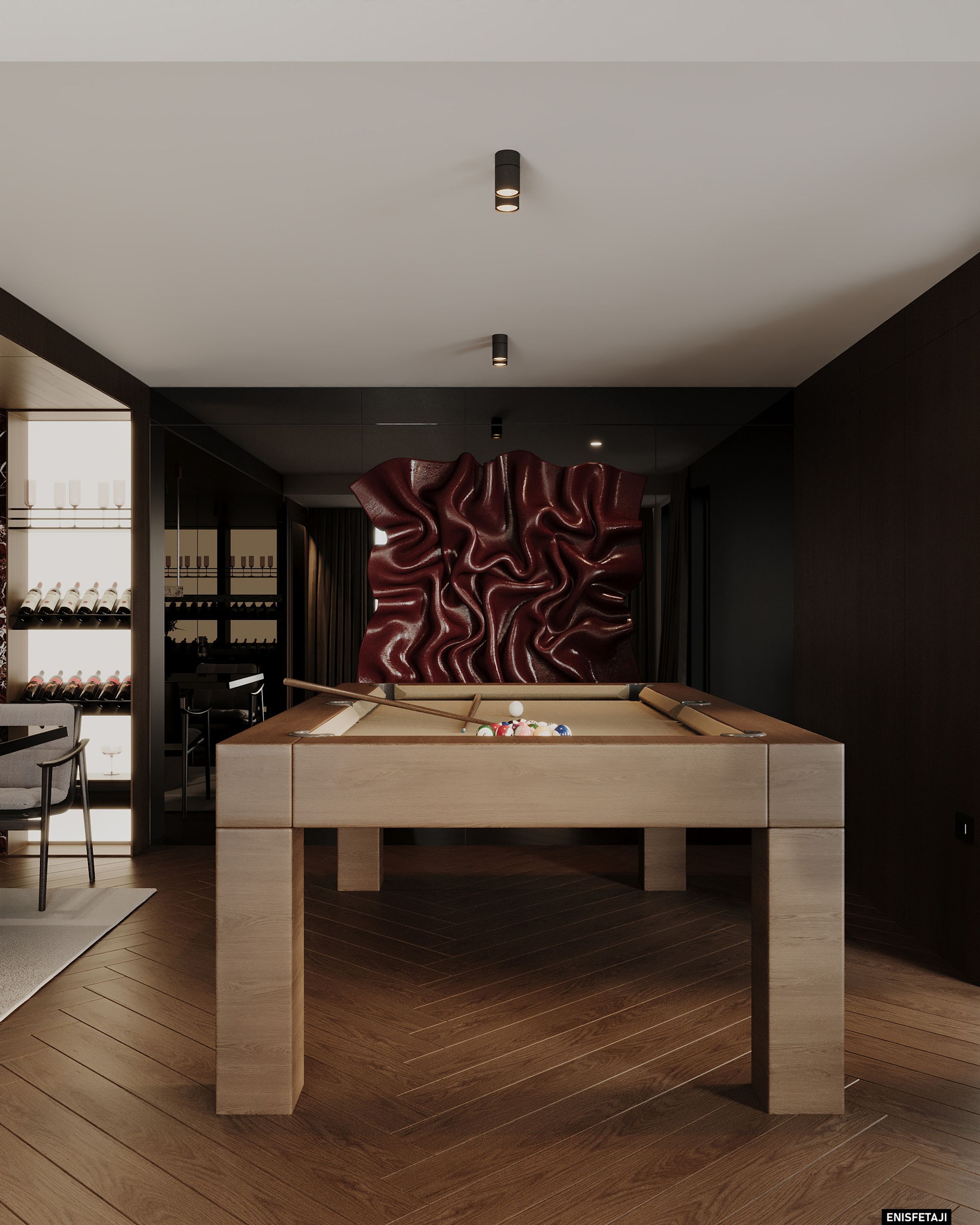 Pool table with red sculptural wall art, residence in Prilep