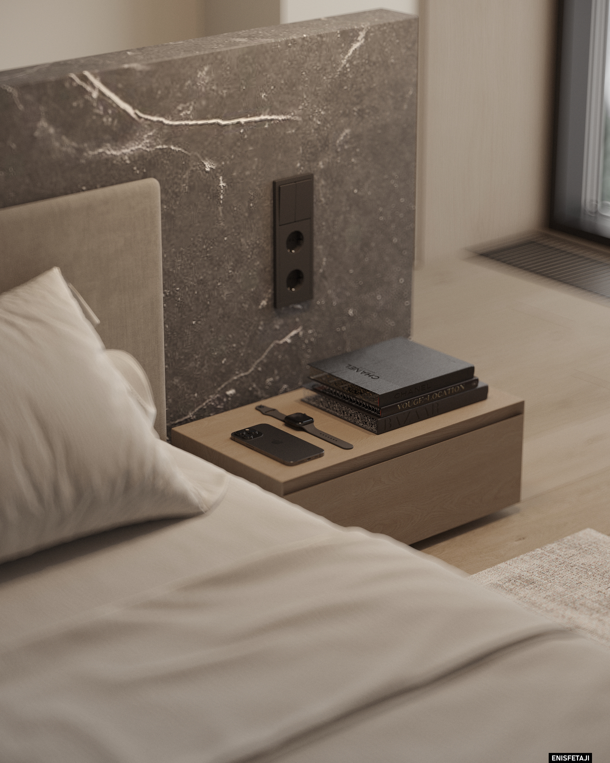 Bedside table in front of a dark marble headboard, apartment GV75 in Gostivar