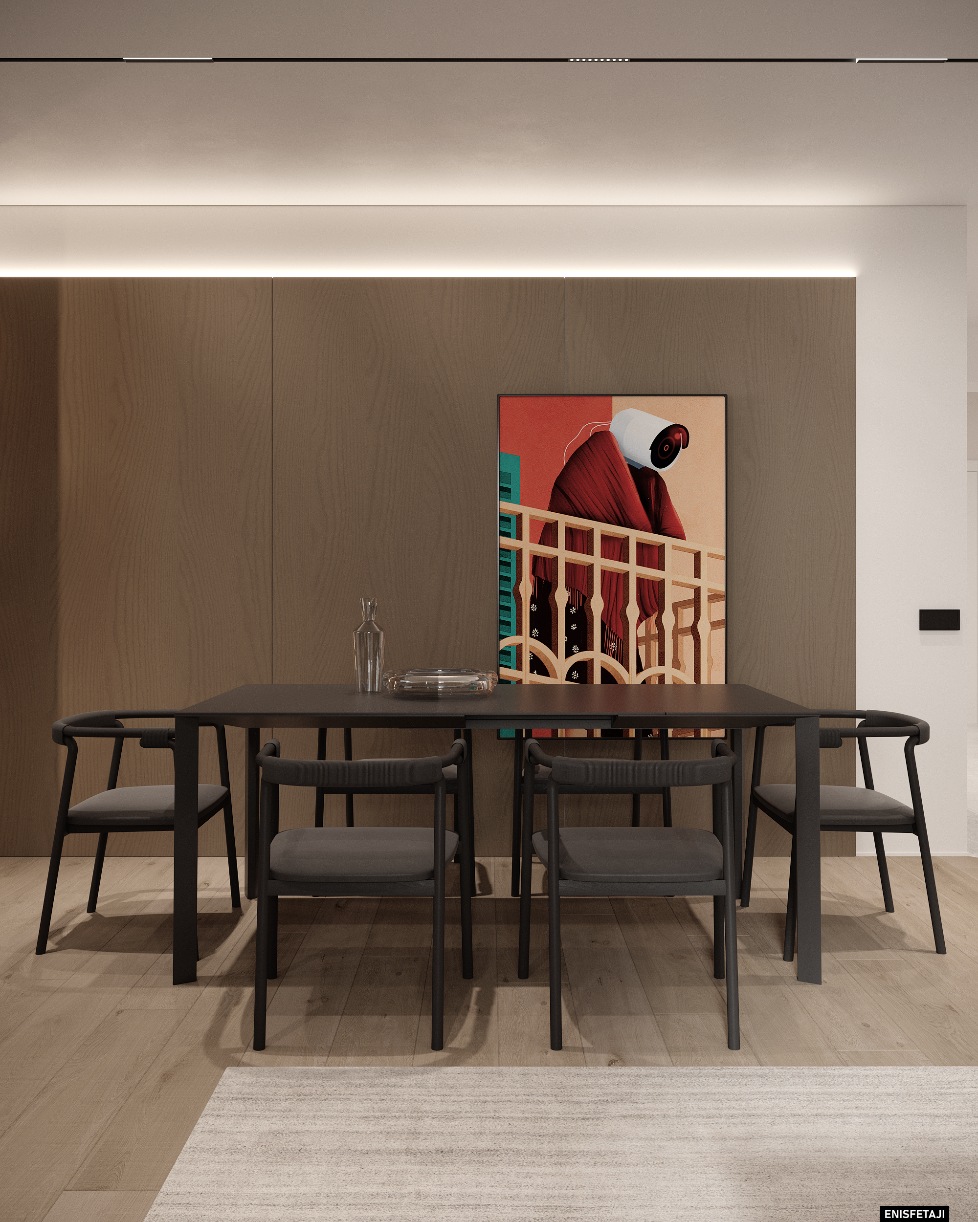 Dining table with black chairs and a red artwork on a wood wall, apartment GV75 in Gostivar