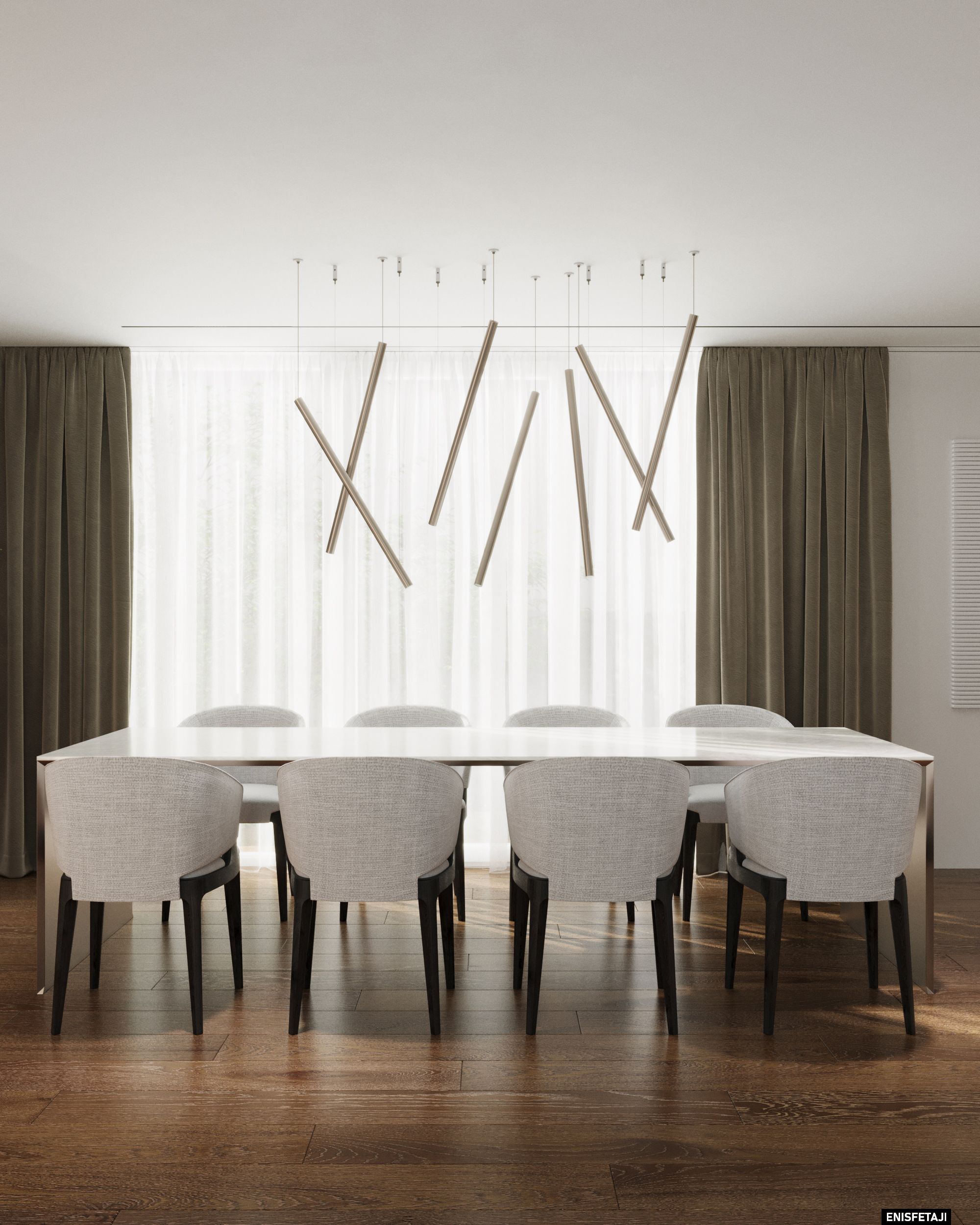 Dining table with white chairs and gold stick pendant light, residence in Goldach, Switzerland