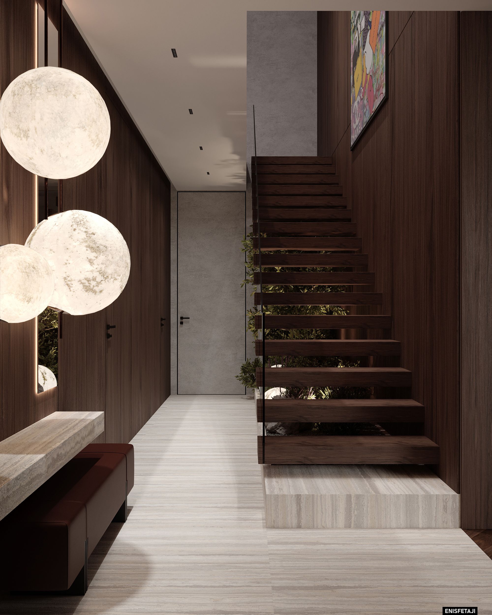 Wood staircase and globe pendant lights in the entrance hall, Shega20 house in Tetovo