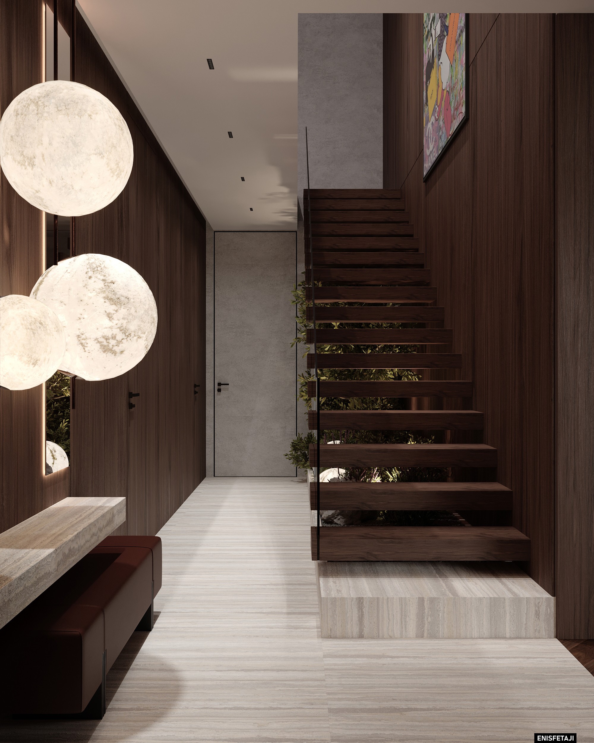 Wood staircase and globe pendant lights in the entrance hall, Shega20 house in Tetovo