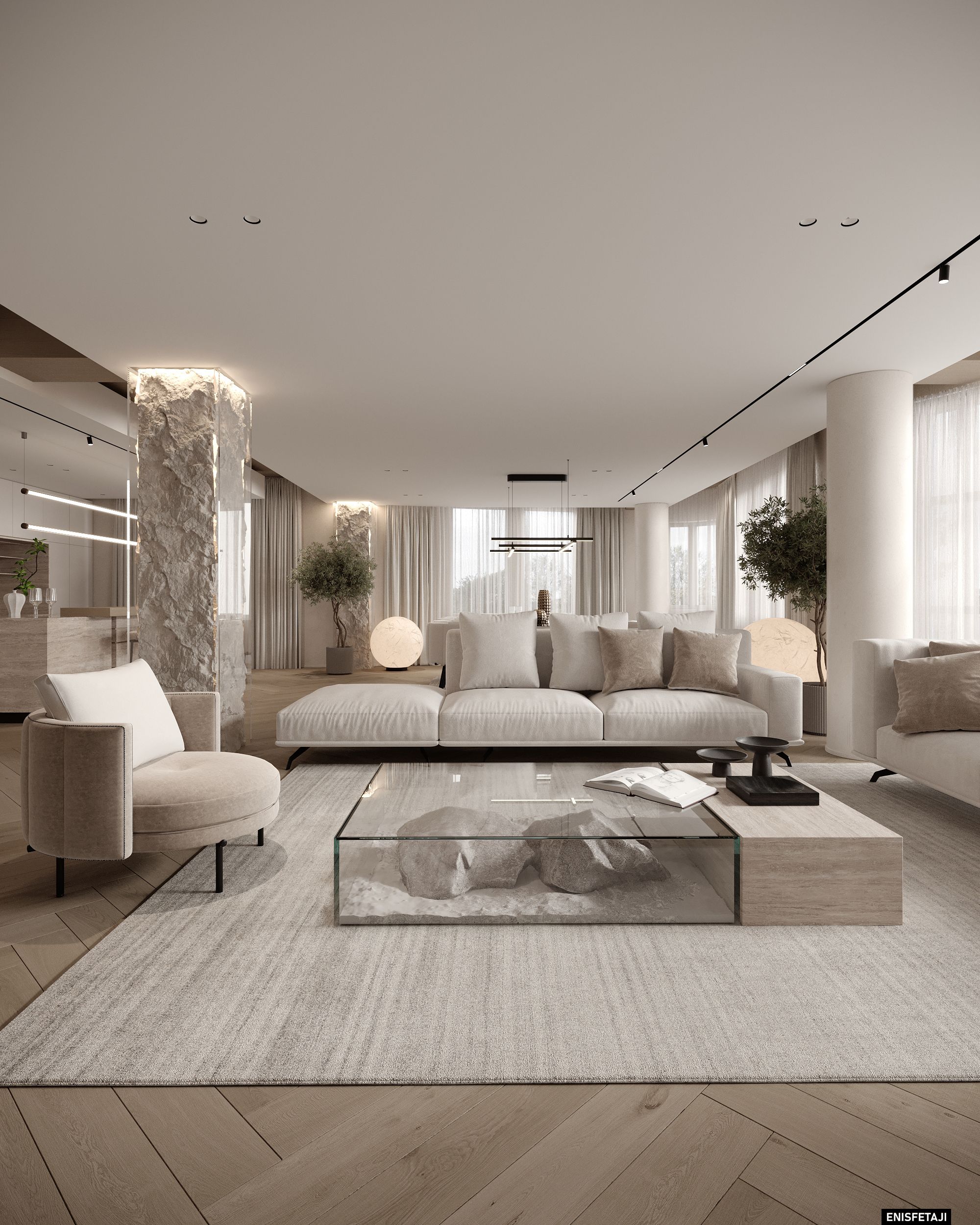 Living room with travertine-clad column and beige sofas, apartment GV22 in Gostivar
