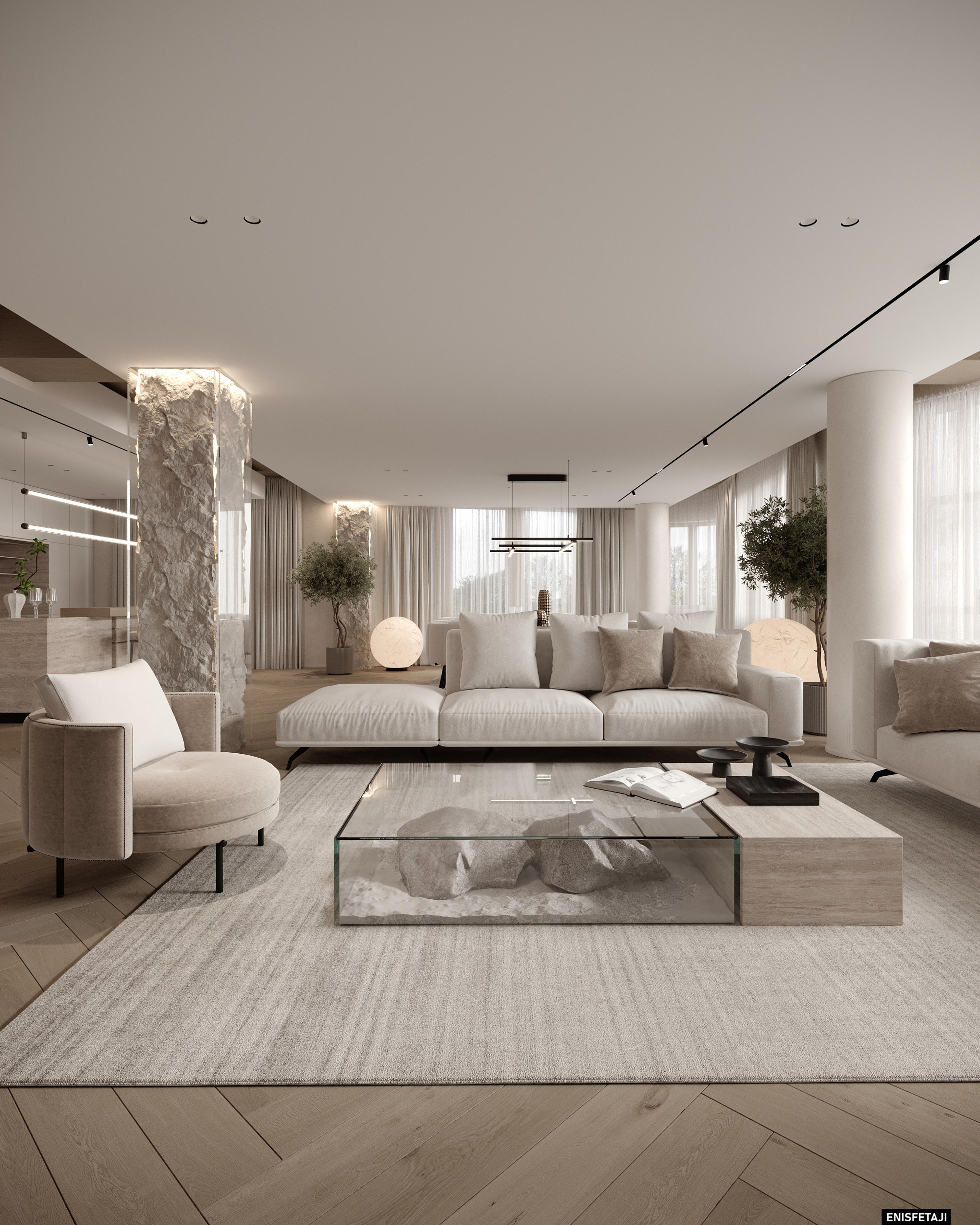 Beige living room with glass coffee table and travertine column, apartment GV22 in Gostivar