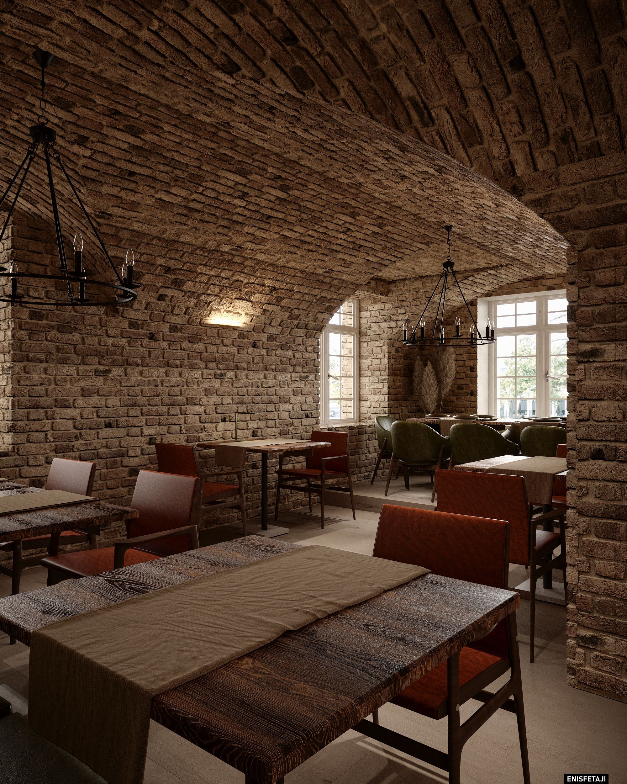 Brick arch room with rust chairs and wooden tables, pizzeria in Dornbirn, Austria