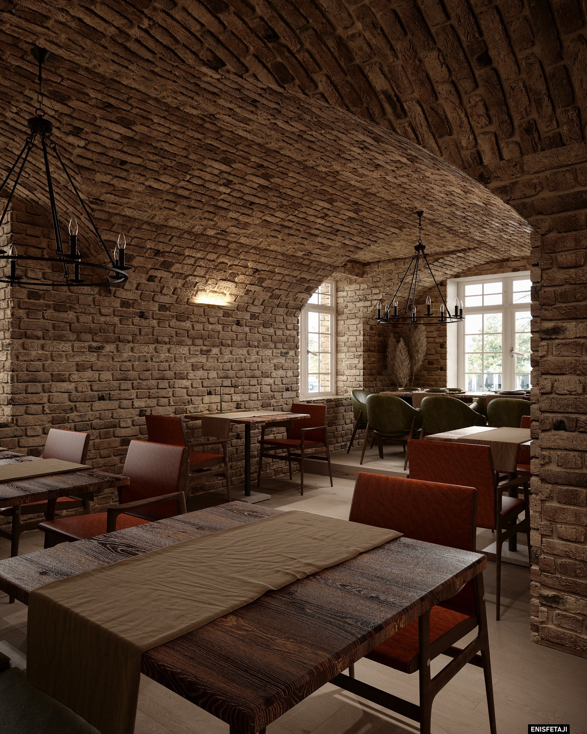 Brick arch room with rust chairs and wooden tables, pizzeria in Dornbirn, Austria